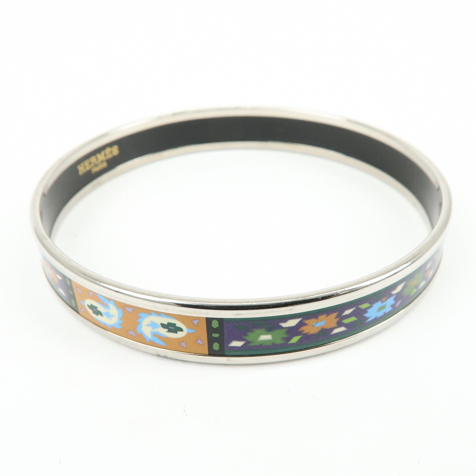 HERMES Email PM Silver Plated Bracelet Bangle Green Multicolor