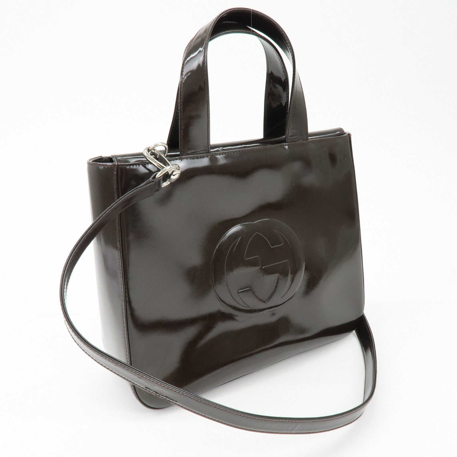 GUCCI Interlocking G Patent Leather 2Way Bag Dark Brown 000・2058