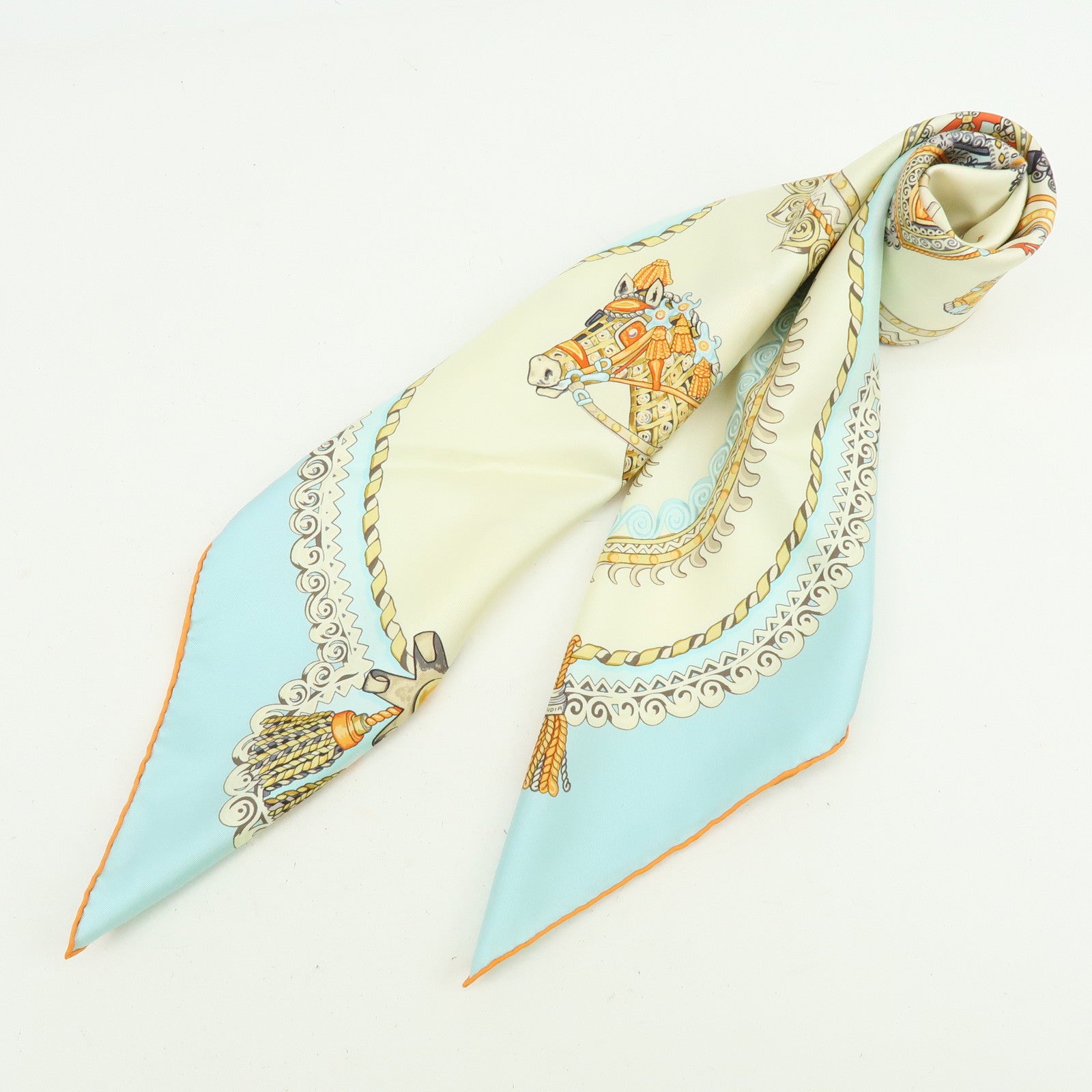 HERMES Carre 90 Silk 100% PAPEROLLES Scarf Light Blue Ivory