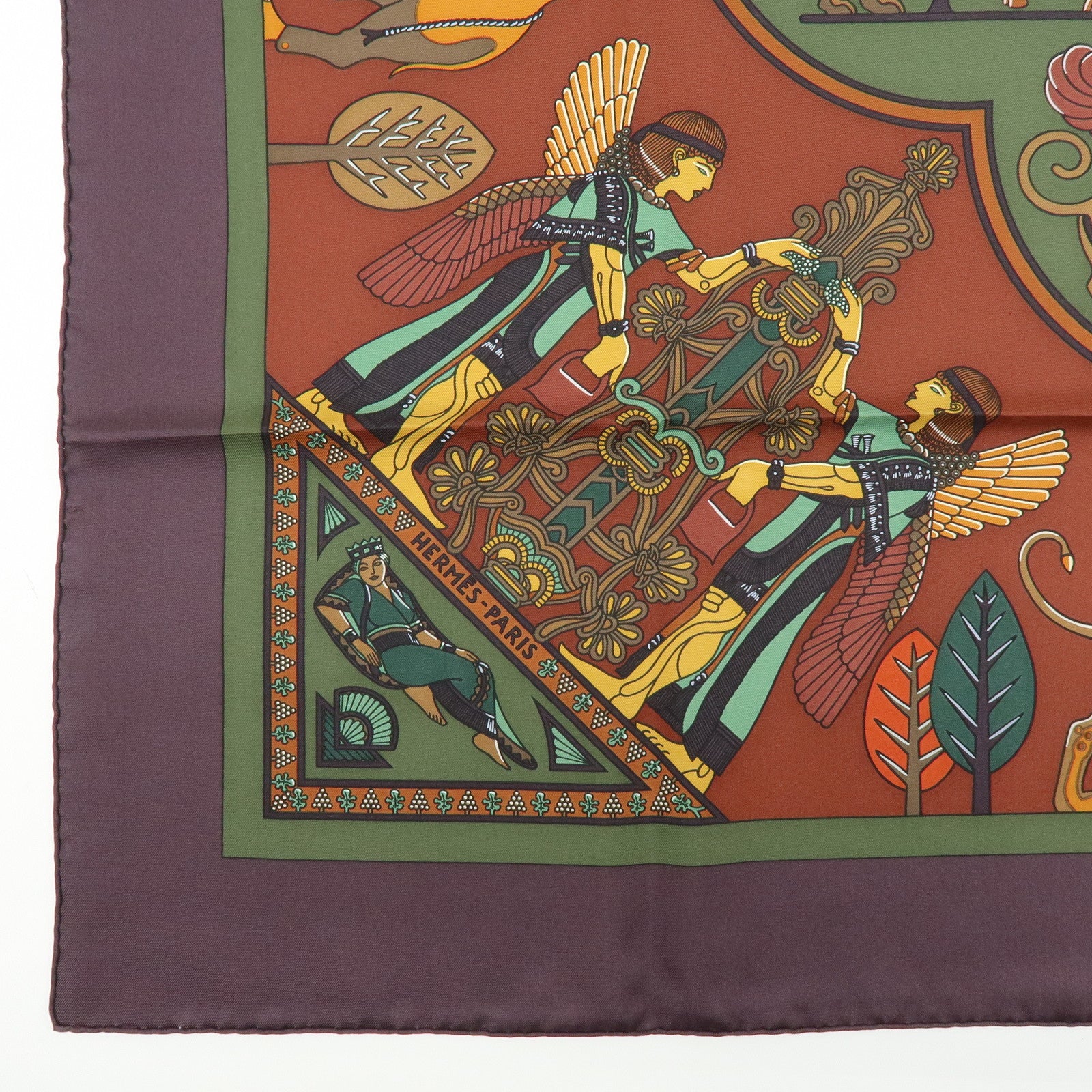 HERMES Carre 90 Silk 100% Scarf PERSEPOLIS Persian Print Brown