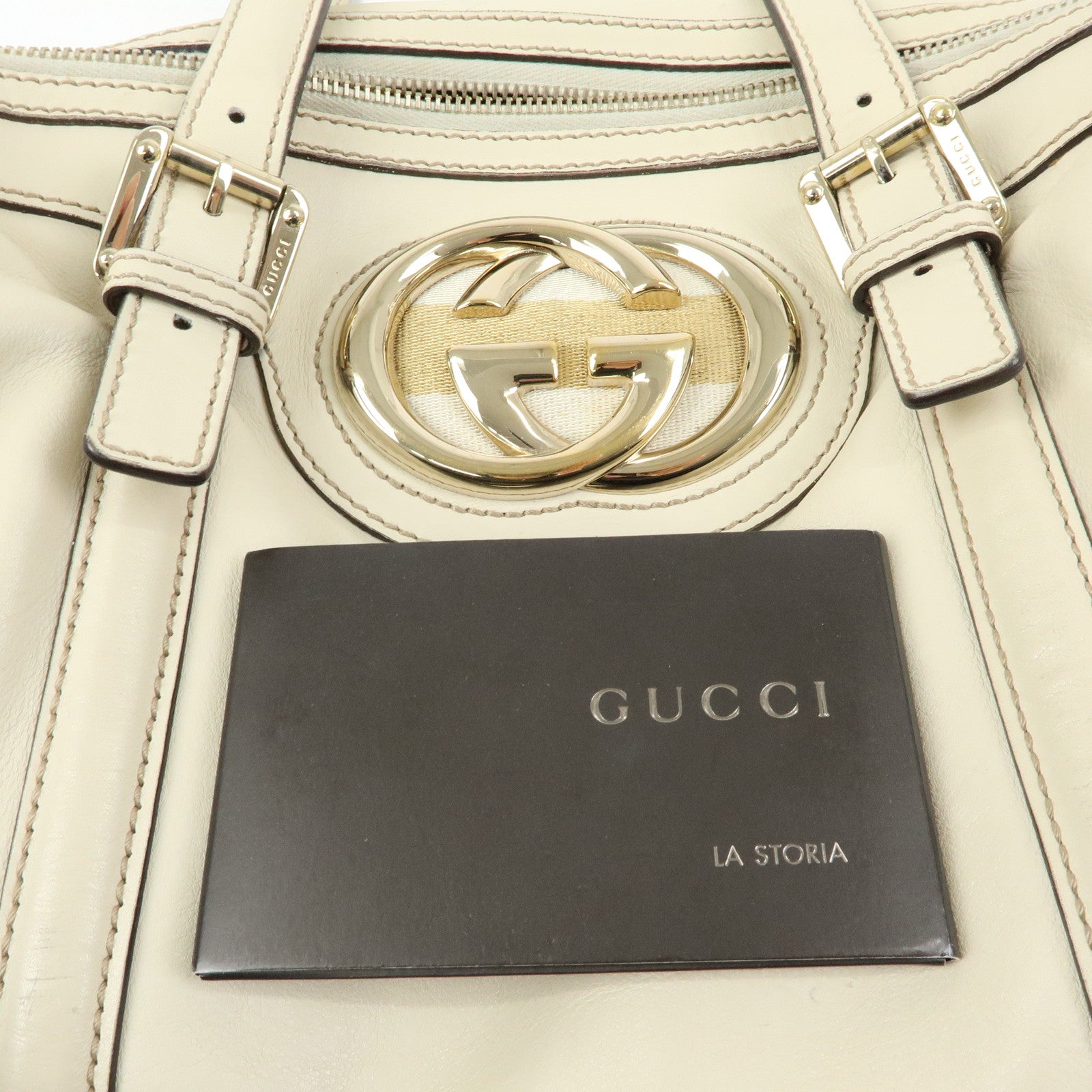 GUCCI Interlocking G Sherry Leather Boston Hand Bag Ivory 170009