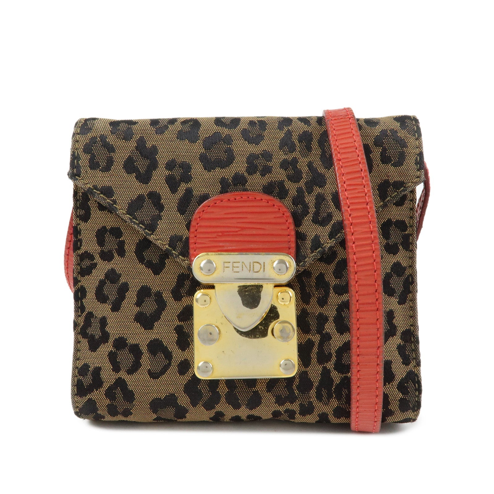 FENDI Leopard Canvas Leather 2Way Shoulder Bag Waist Bag Brown Red