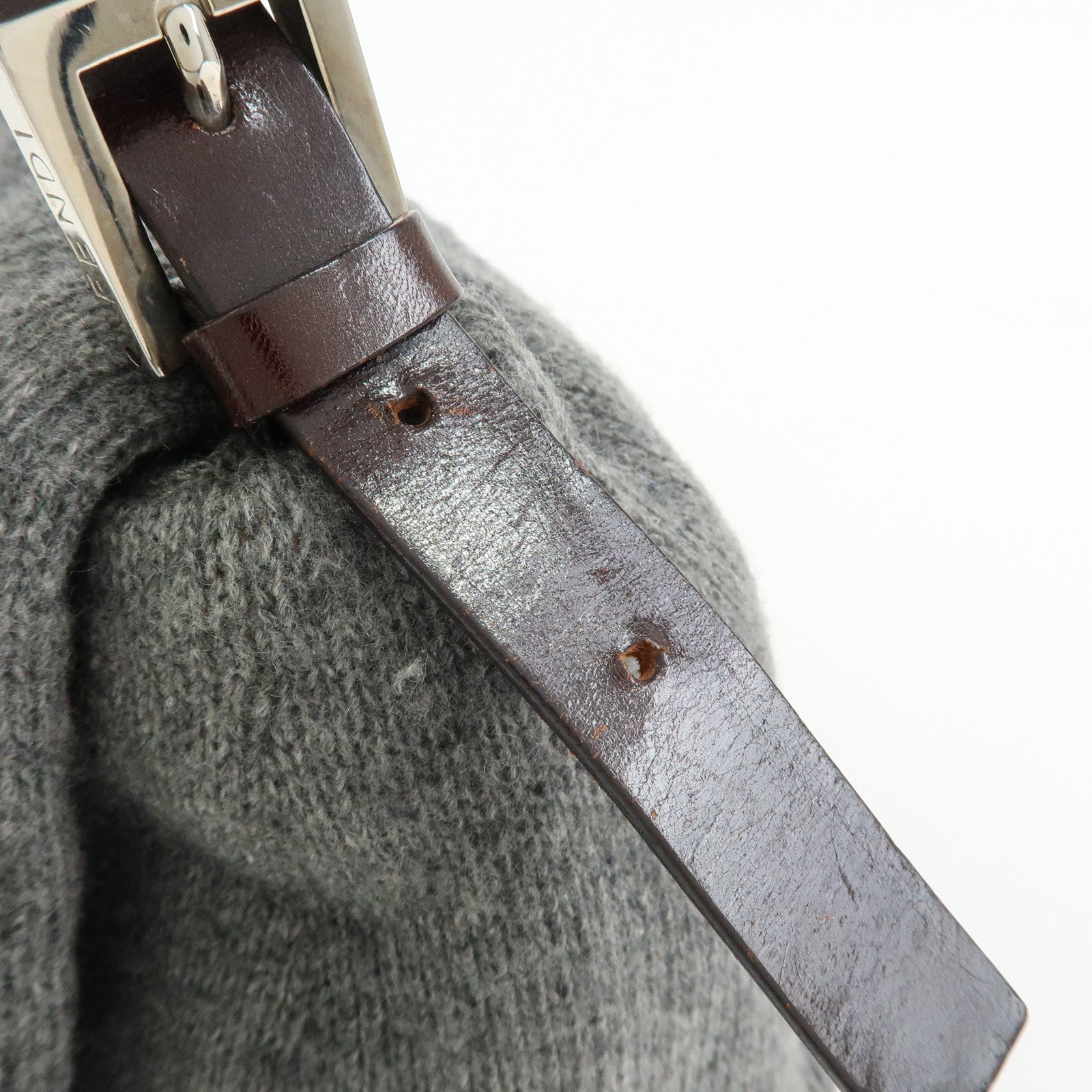 FENDI Mamma Baguette Wool Leather Shoulder Bag Grey Brown 26325