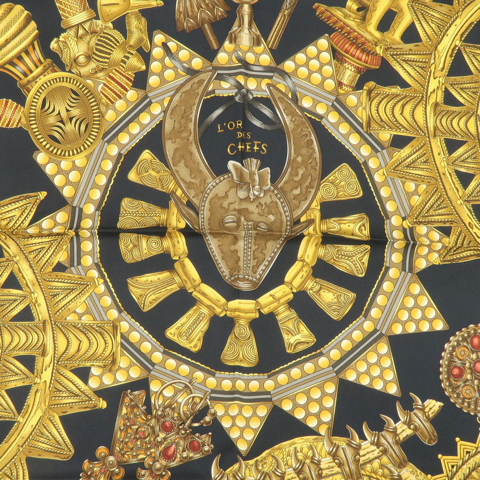 HERMES Carre 90 Silk 100% Scarf  L'OR DES CHEFS Black Yellow