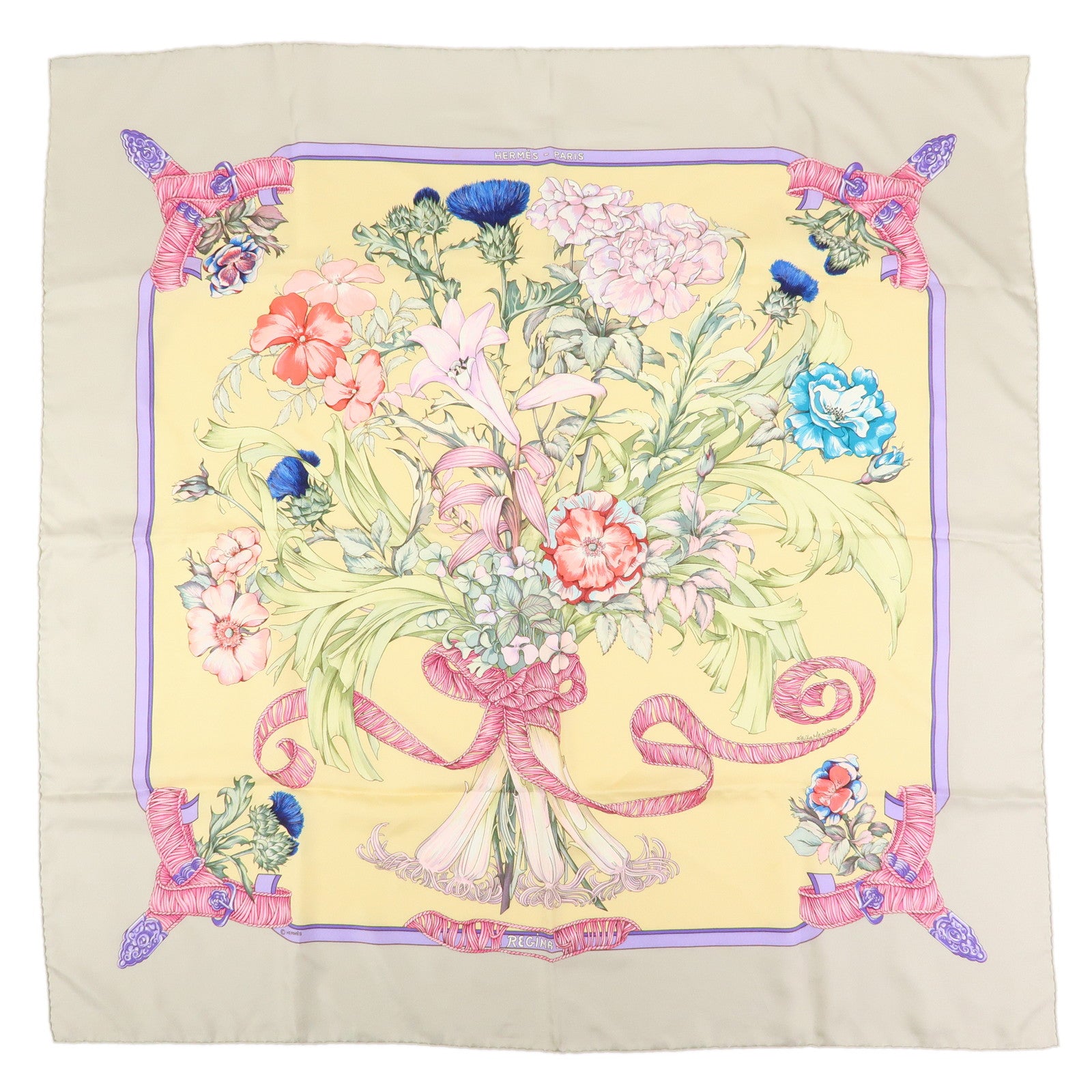 HERMES Carre 90 Silk 100% Scarf REGINA Pink Beige Multicolor
