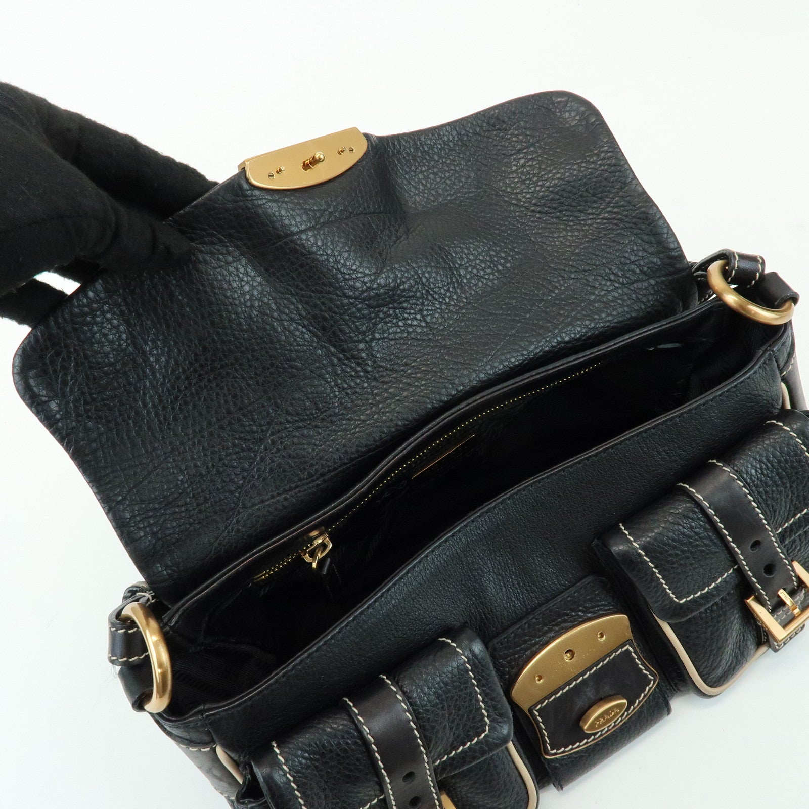 PRADA Logo Leather Stitch Shoulder Bag Hand Bag Black
