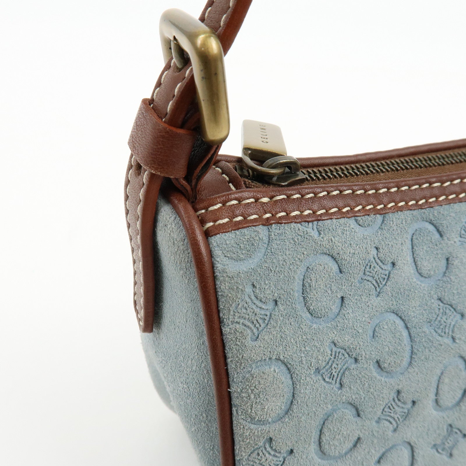 CELINE C Macadam Suede Leather Shoulder Bag Hand Bag Light Blue