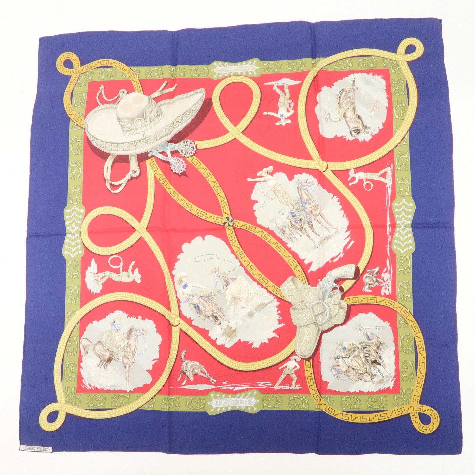 HERMES Carre 90 Silk 100% Scarf CHARREADA Gold Navy Red