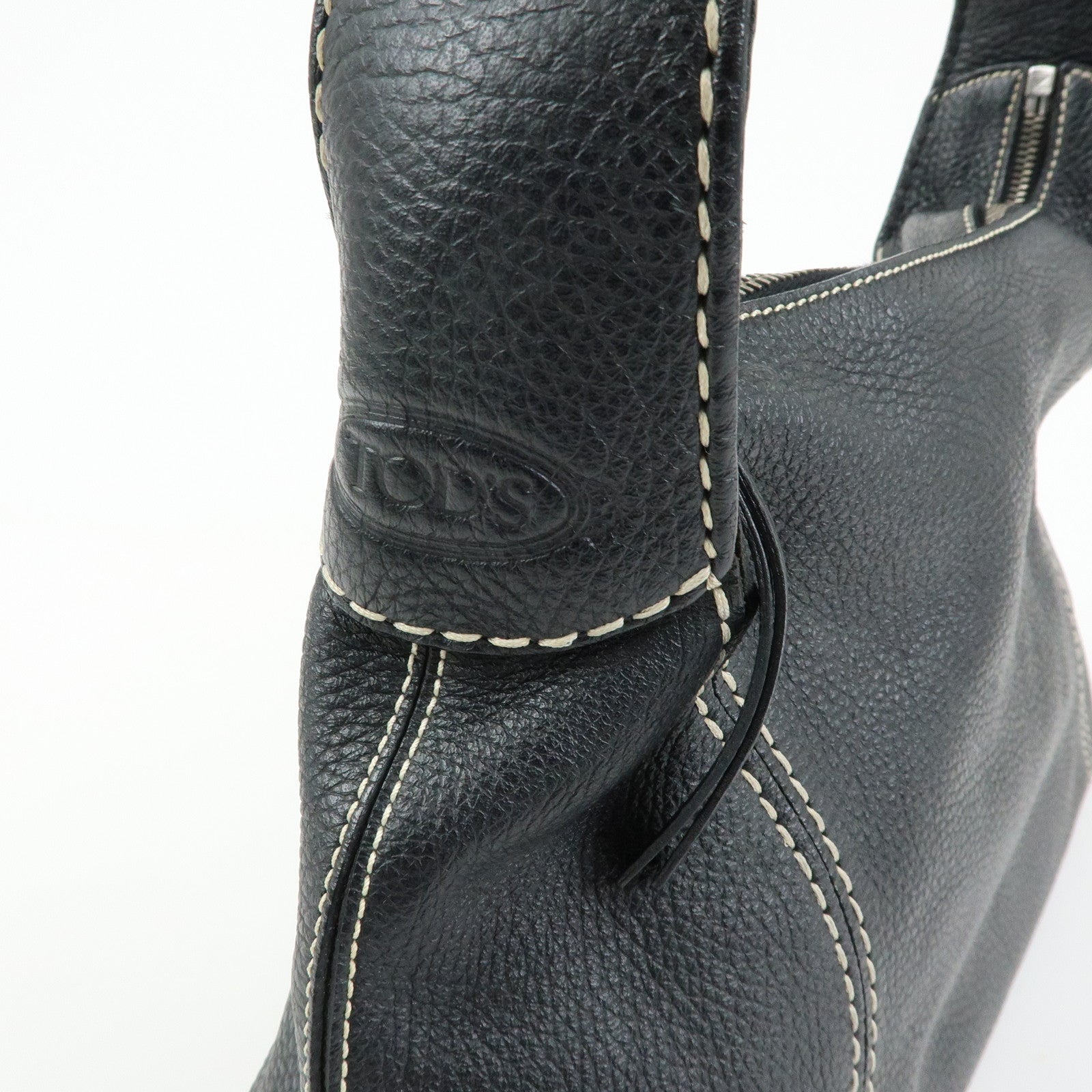 TOD'S Logo Stitches Leather Shoulder Bag Hand Bag Black