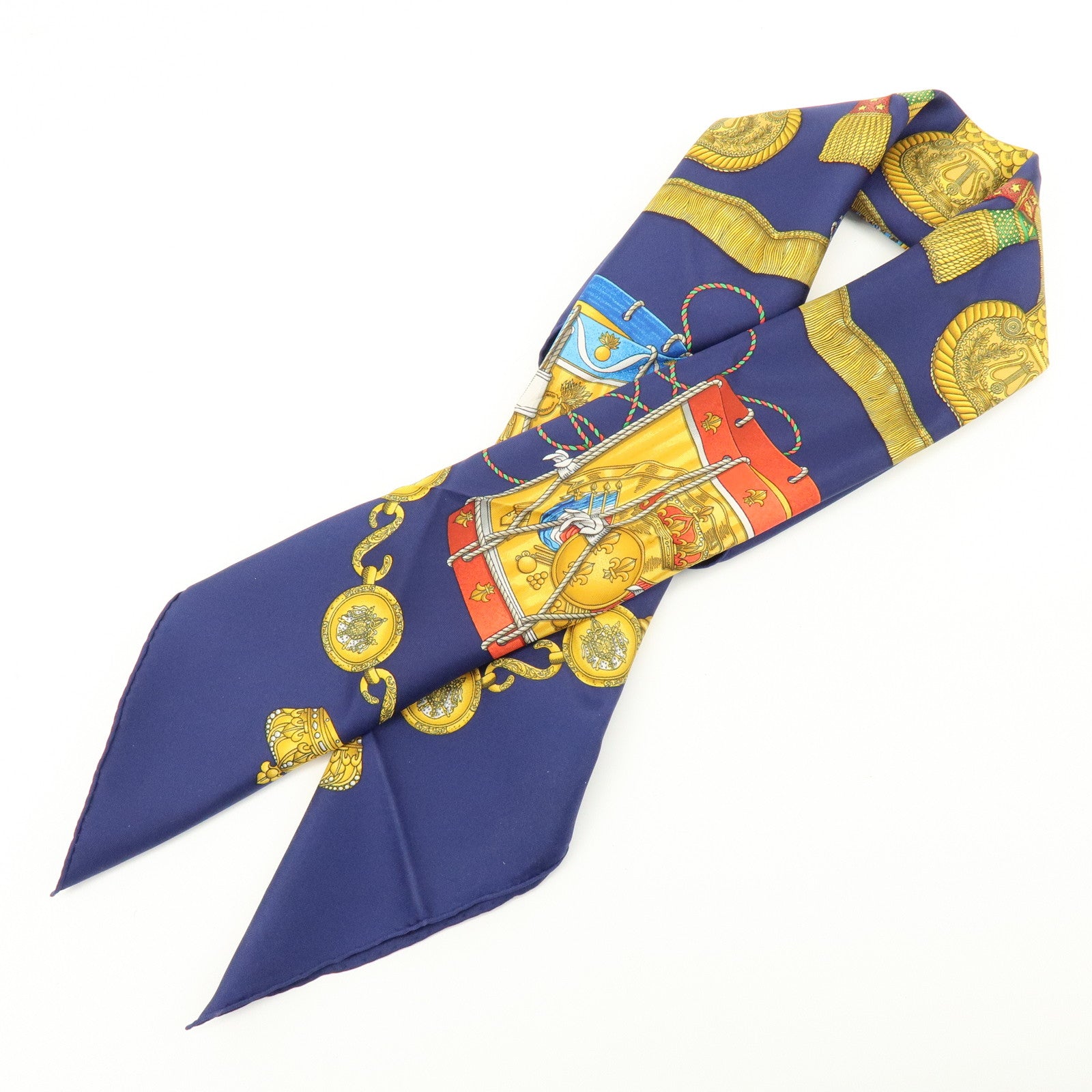 HERMES Carre 90 Silk 100% Scarf  LES TAMBOURS Navy Gold