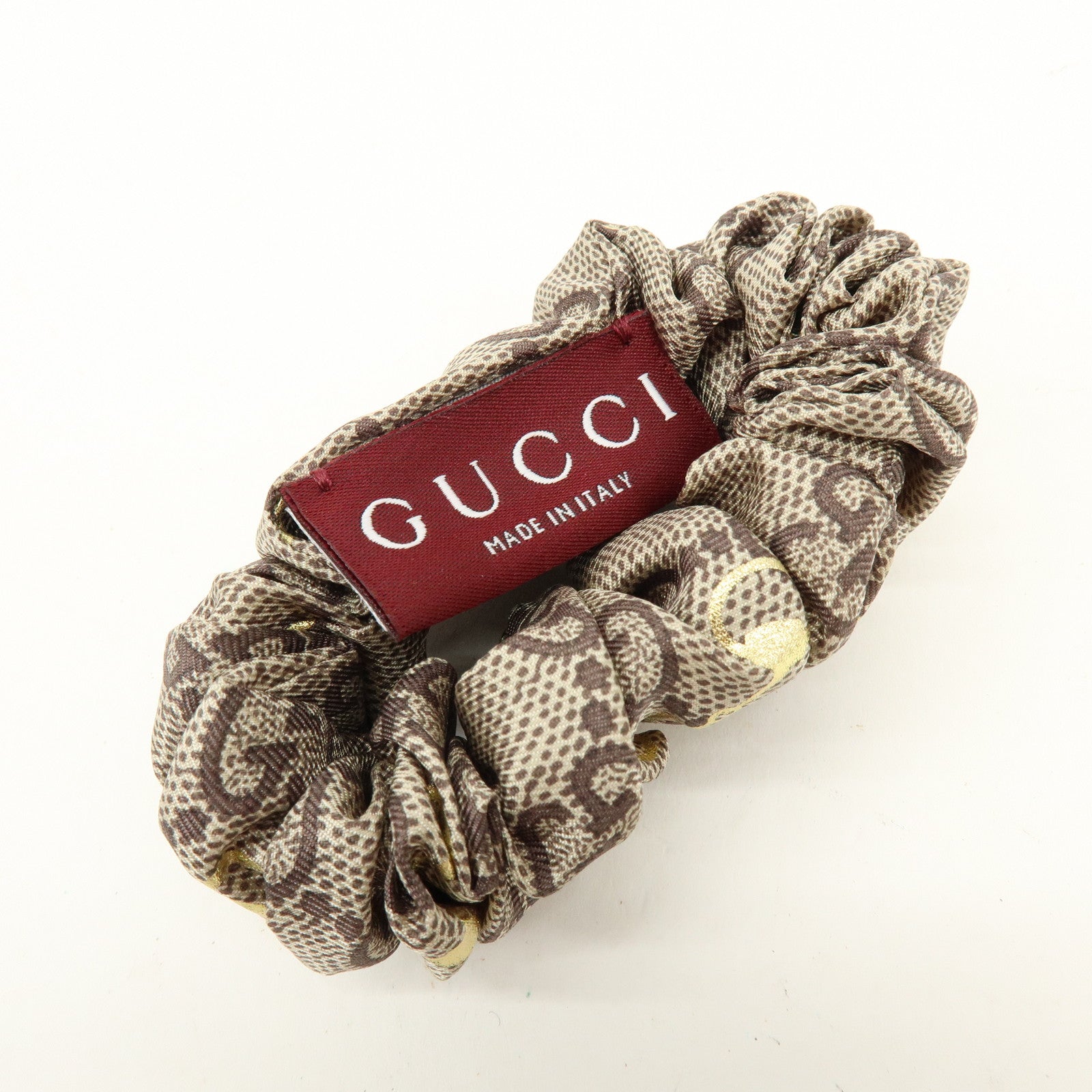 GUCCI Horsebit Silk 100% Scrunchie Hair Accessory Gray Beige Brown