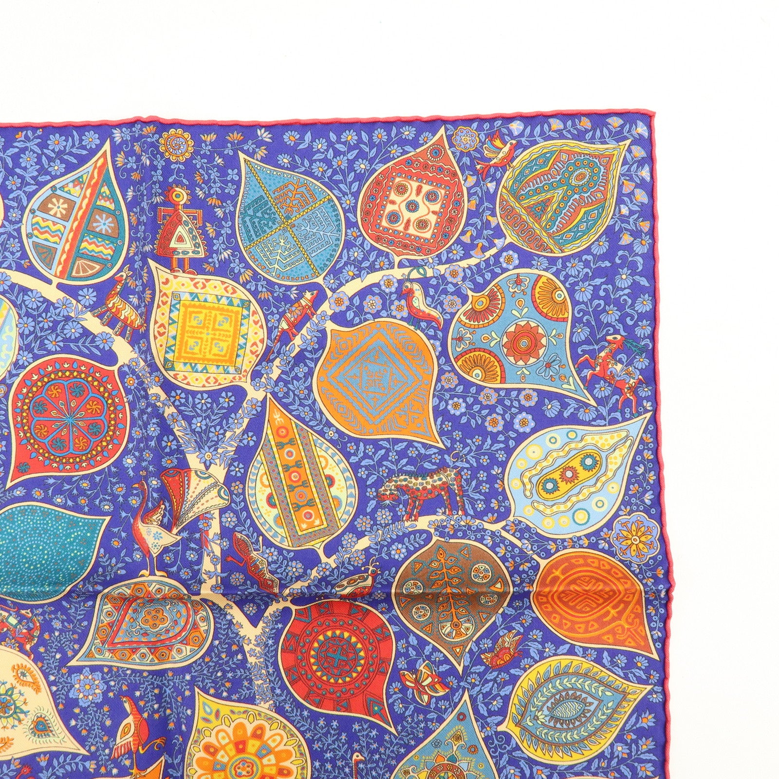 HERMES Carre 45 Silk 100% LArbre devie Scarf Blue Red Muticolor