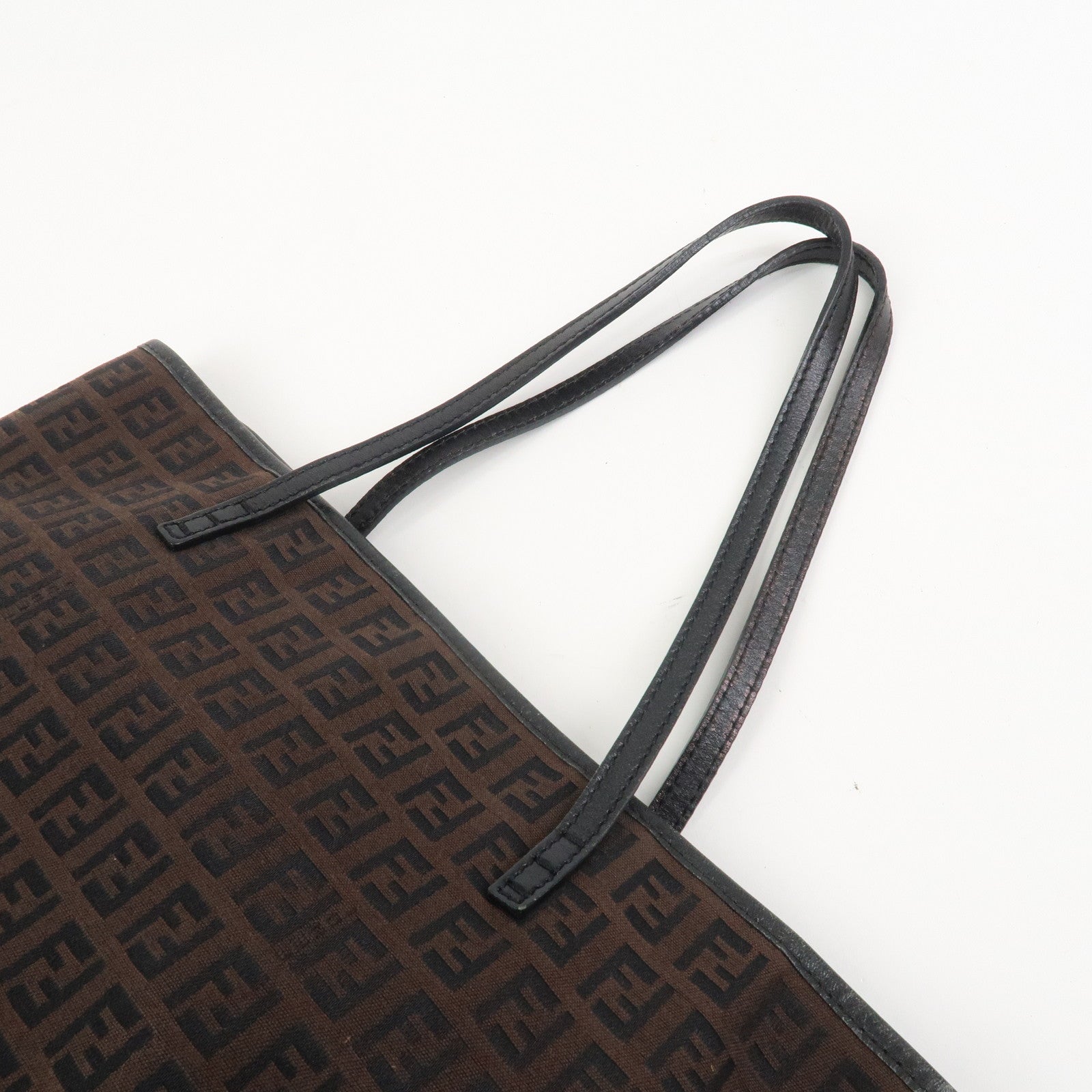 FENDI Zucchino Canvas Leather Tote Bag Hand Bag Brown Black 8BH074