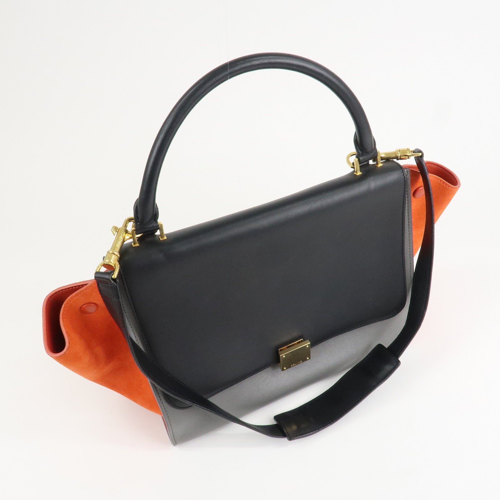 CELINE Trapeze Leather Suede 2Way Hand Shoulder Bag Black Orange