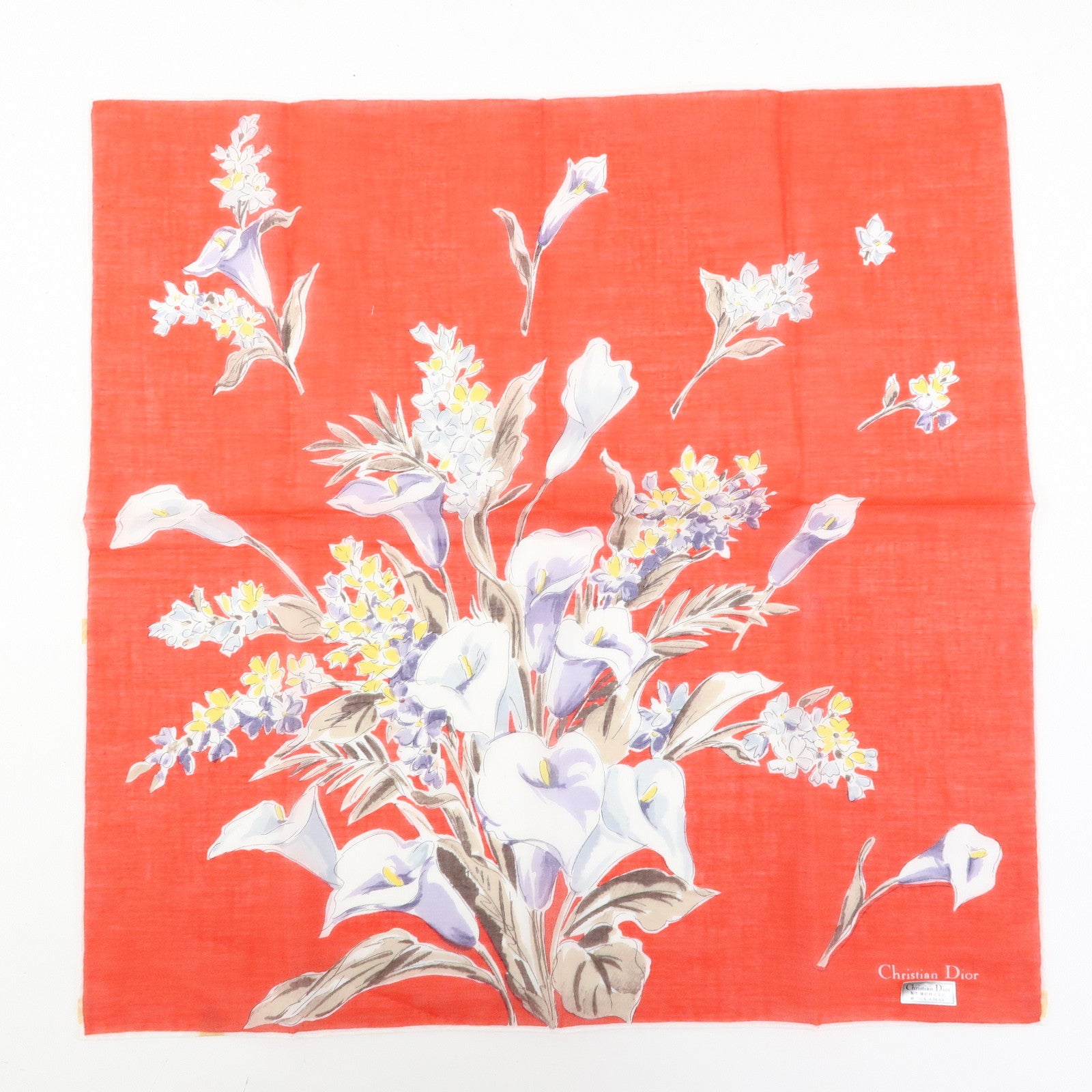 Christian Dior Set of 2 Cotton 100% Scarf Flower Print Red