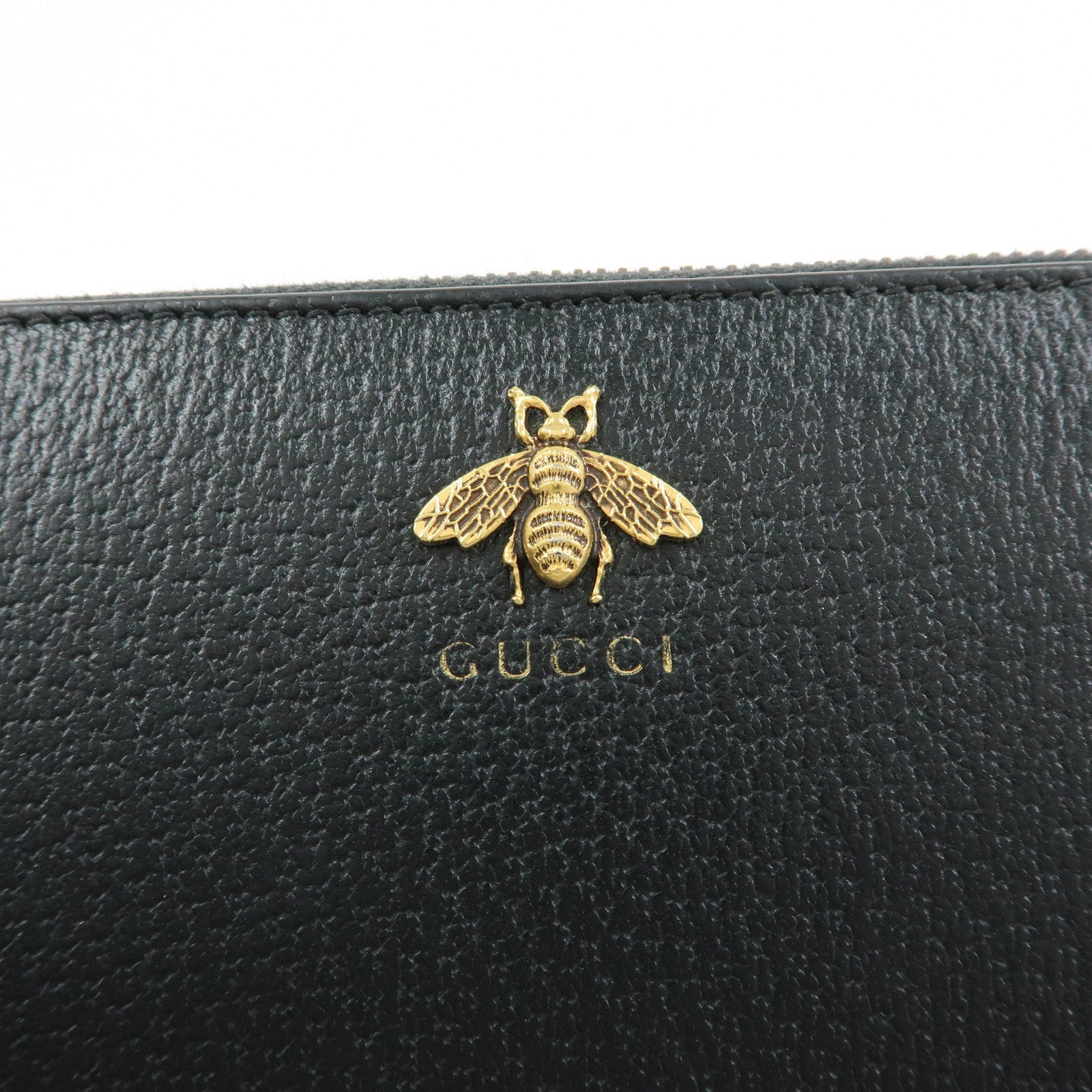 GUCCI Animalier Bee Leather Zip-Around Long Wallet Black 523667