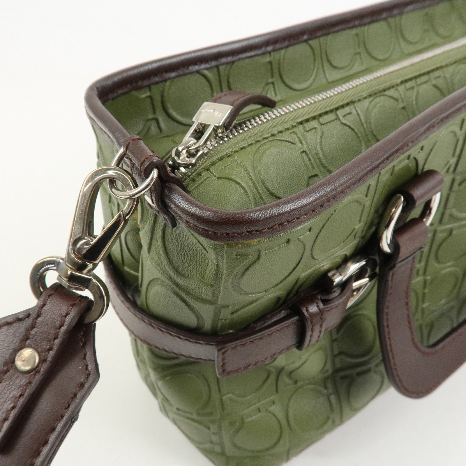 Ferragamo Gancini Embossed Leather 2Way Hand Shoulder Bag Green