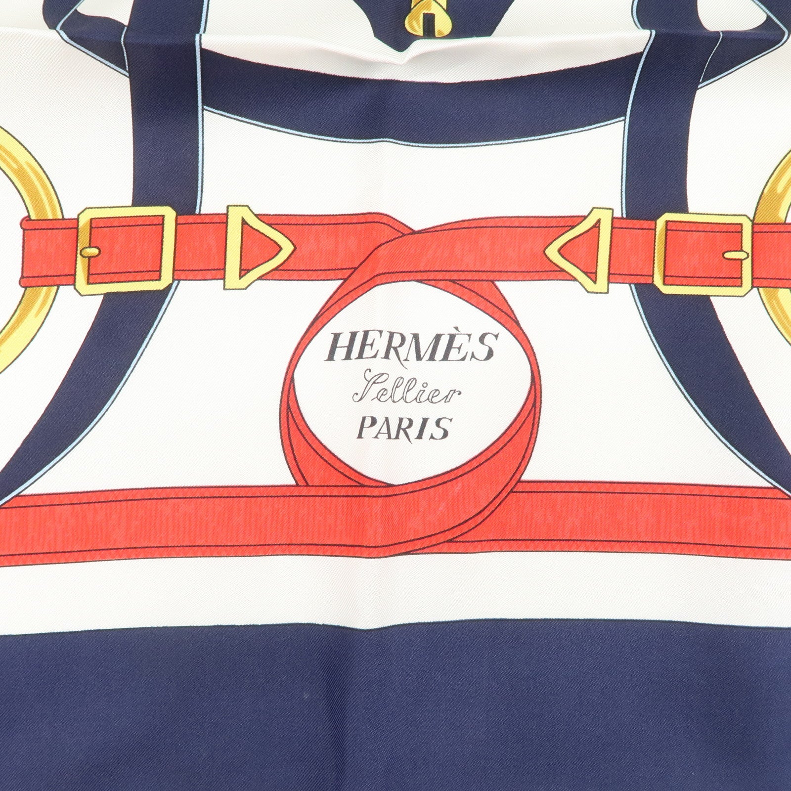 HERMES Carre 90 Silk 100% Eperon d'or Scarf White Navy
