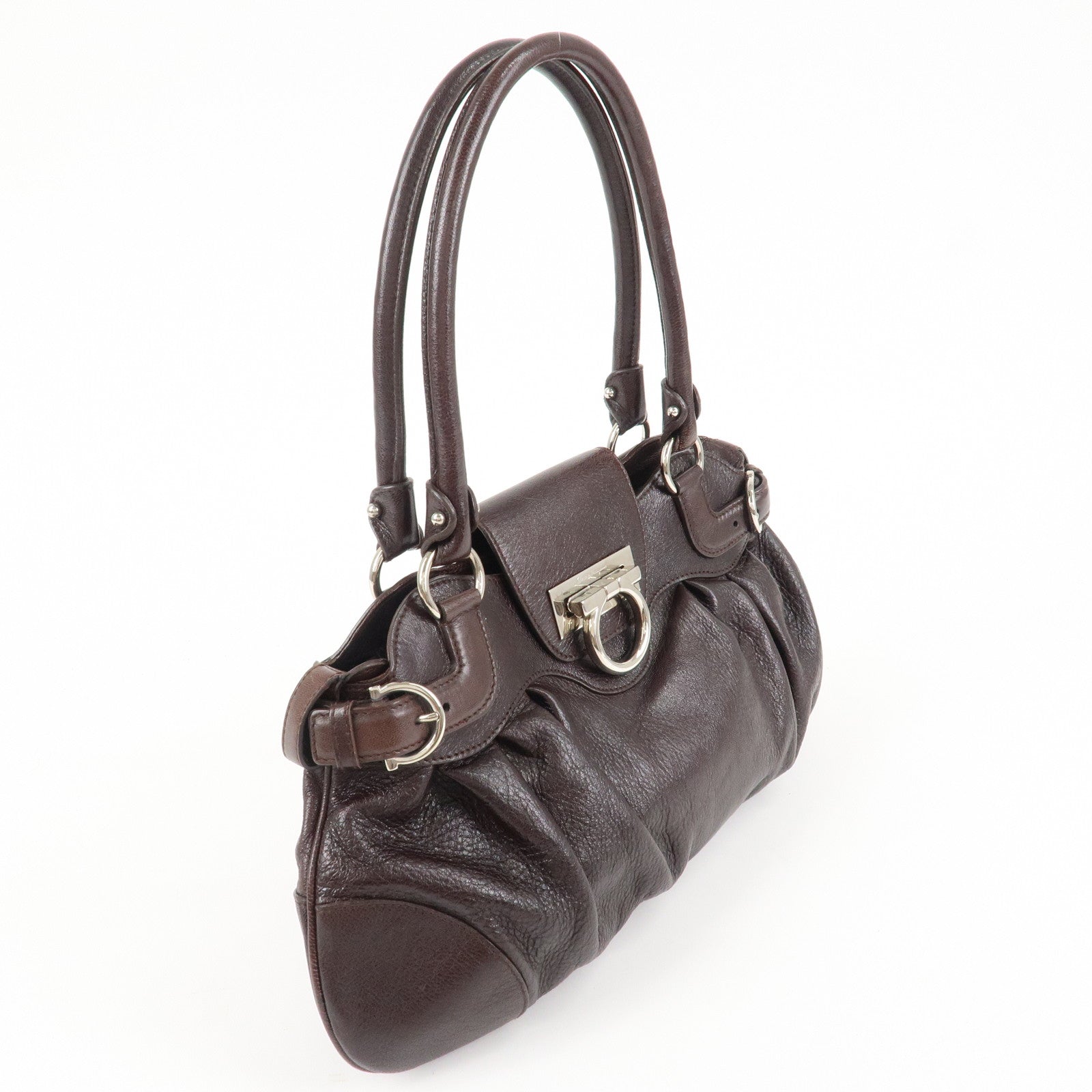 Ferragamo Ganchini Leather Shoulder Bag Hand Bag Dark Brown Used