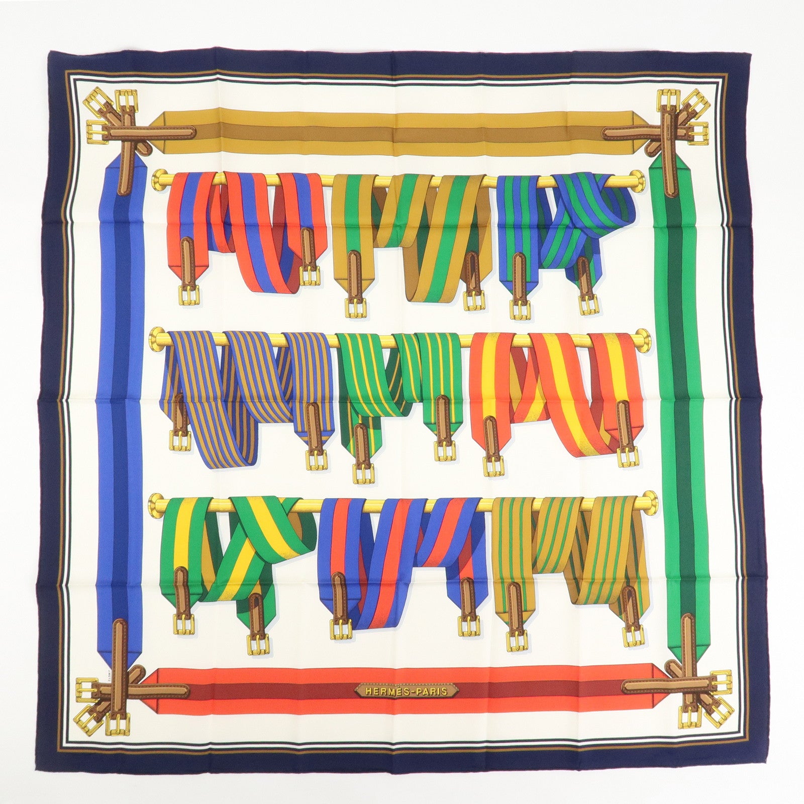 HERMES Carre 90 Silk 100% Scarf J.METZ Les Sangles White Navy