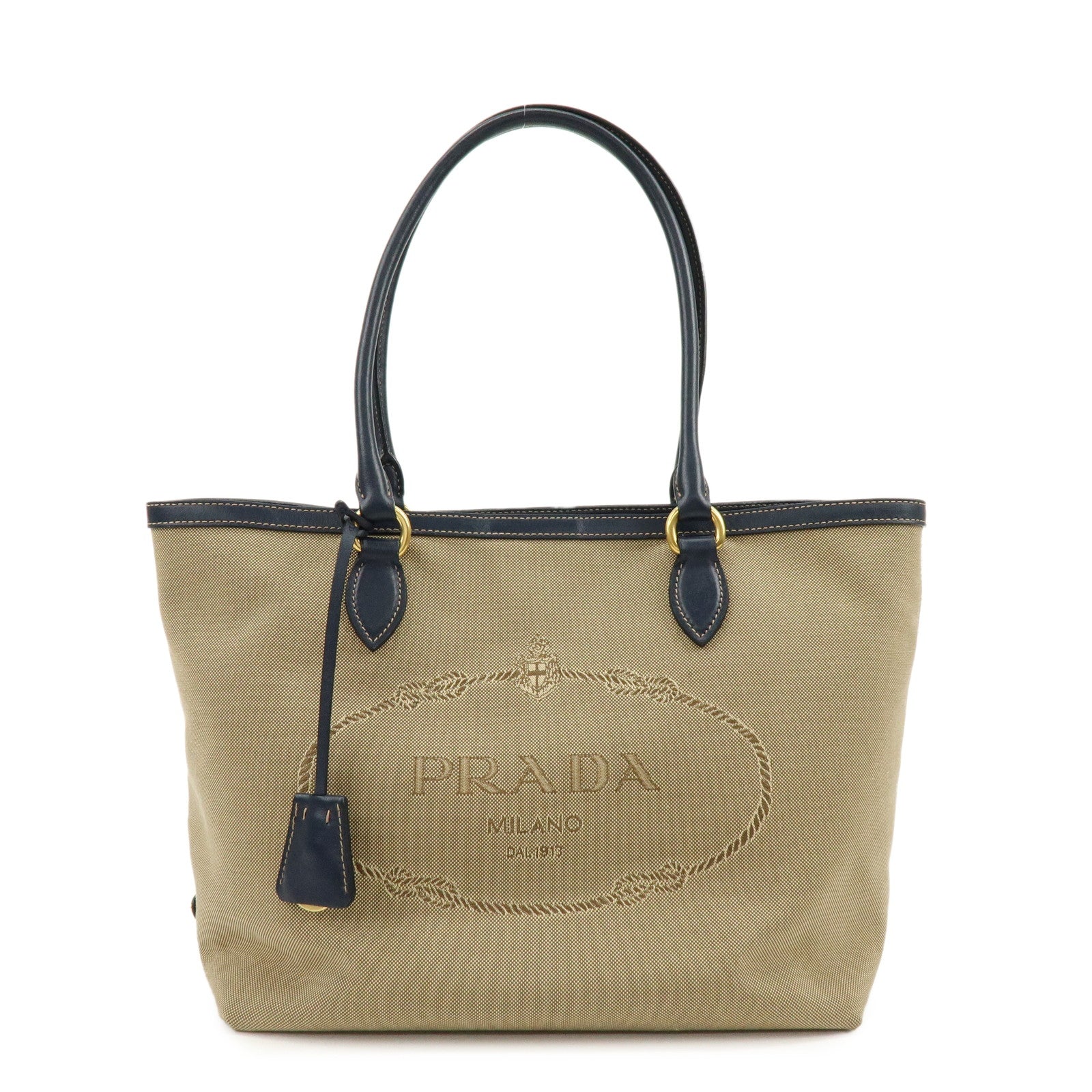 PRADA Logo Jacquard Leather Tote Bag Hand Bag Beige Navy