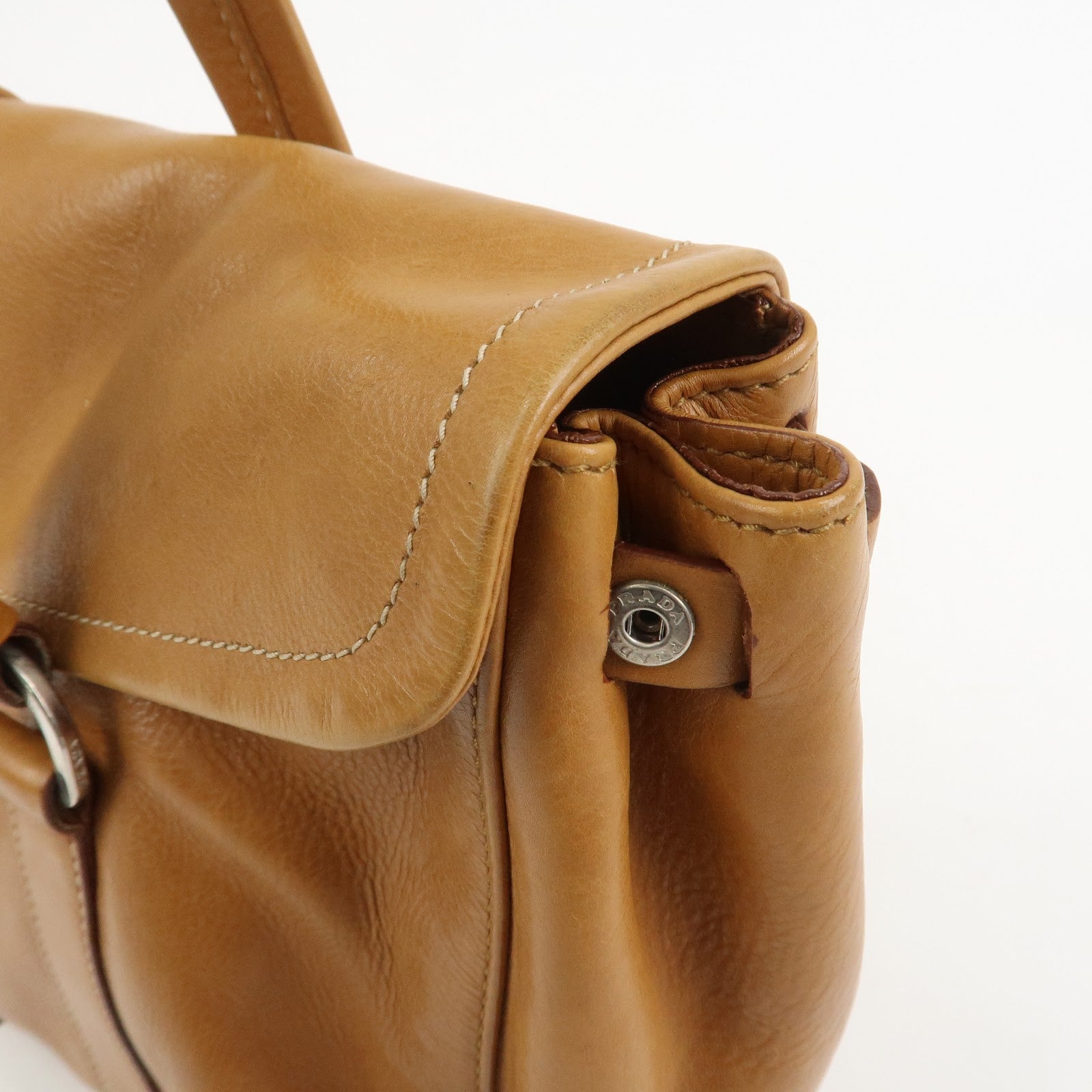PRADA Triangle Logo Leather Nylon Shoulder Bag Brown BR2418