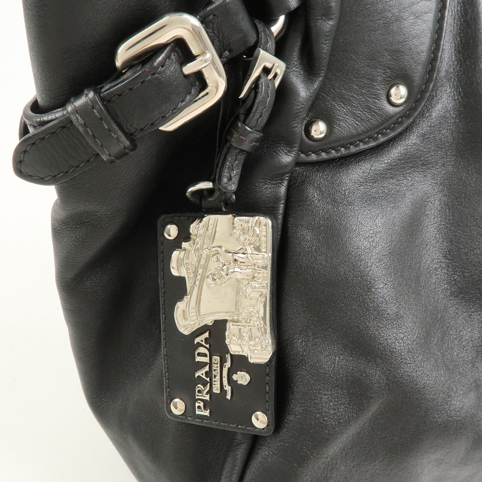 PRADA Logo Leather Shoulder Bag Hand Bag Black BR3974