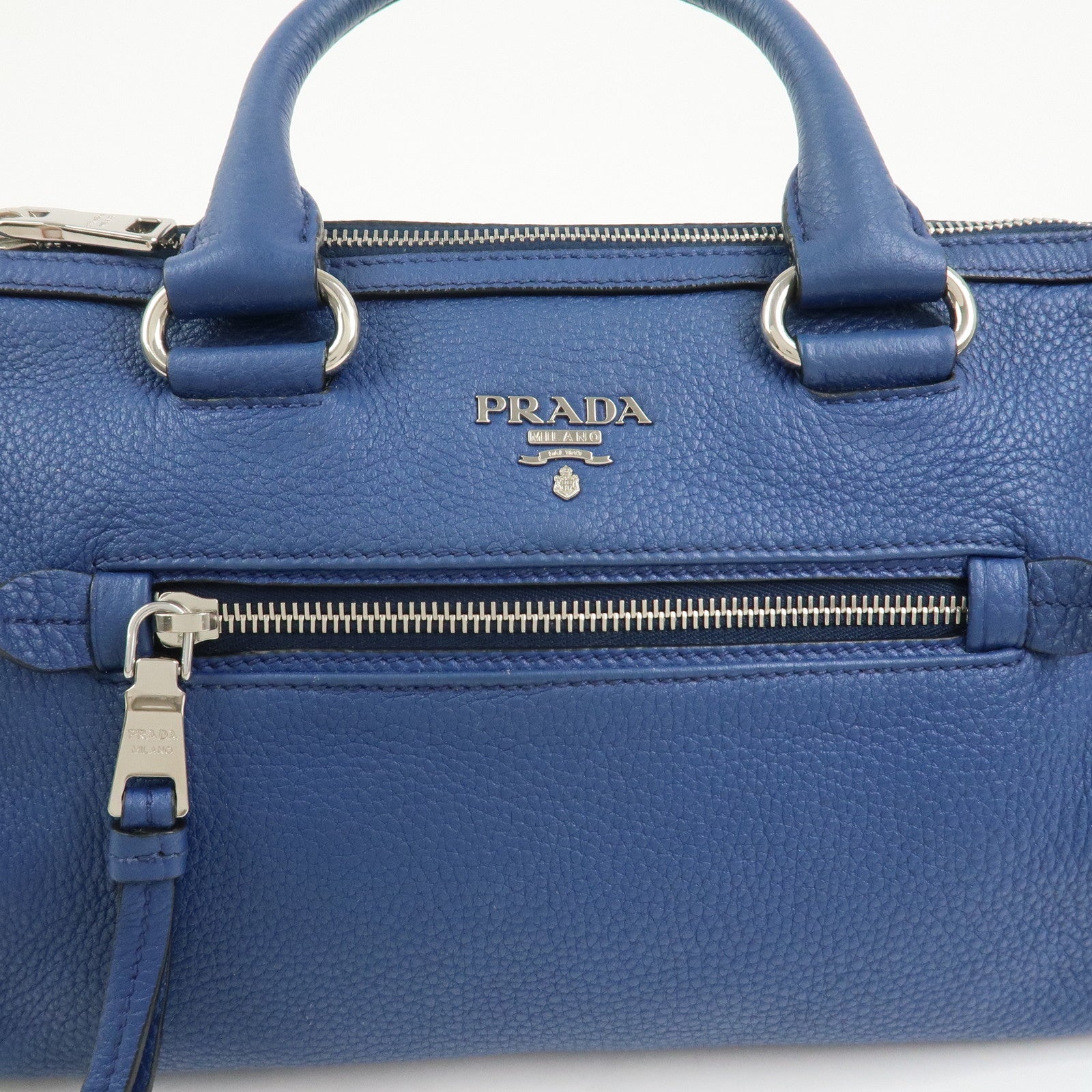 PRADA Leather 2Way Bag Hand Bag Shoulder Bag Blue Silver