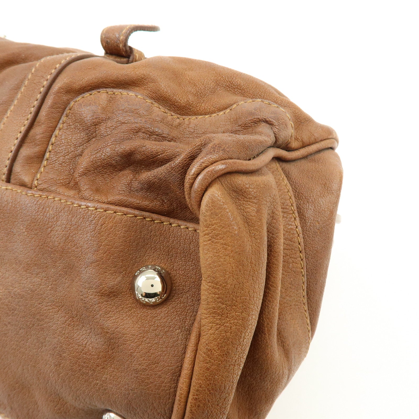 PRADA Triangle Logo Leather Boston Bag Hand Bag Doctor Bag Brown