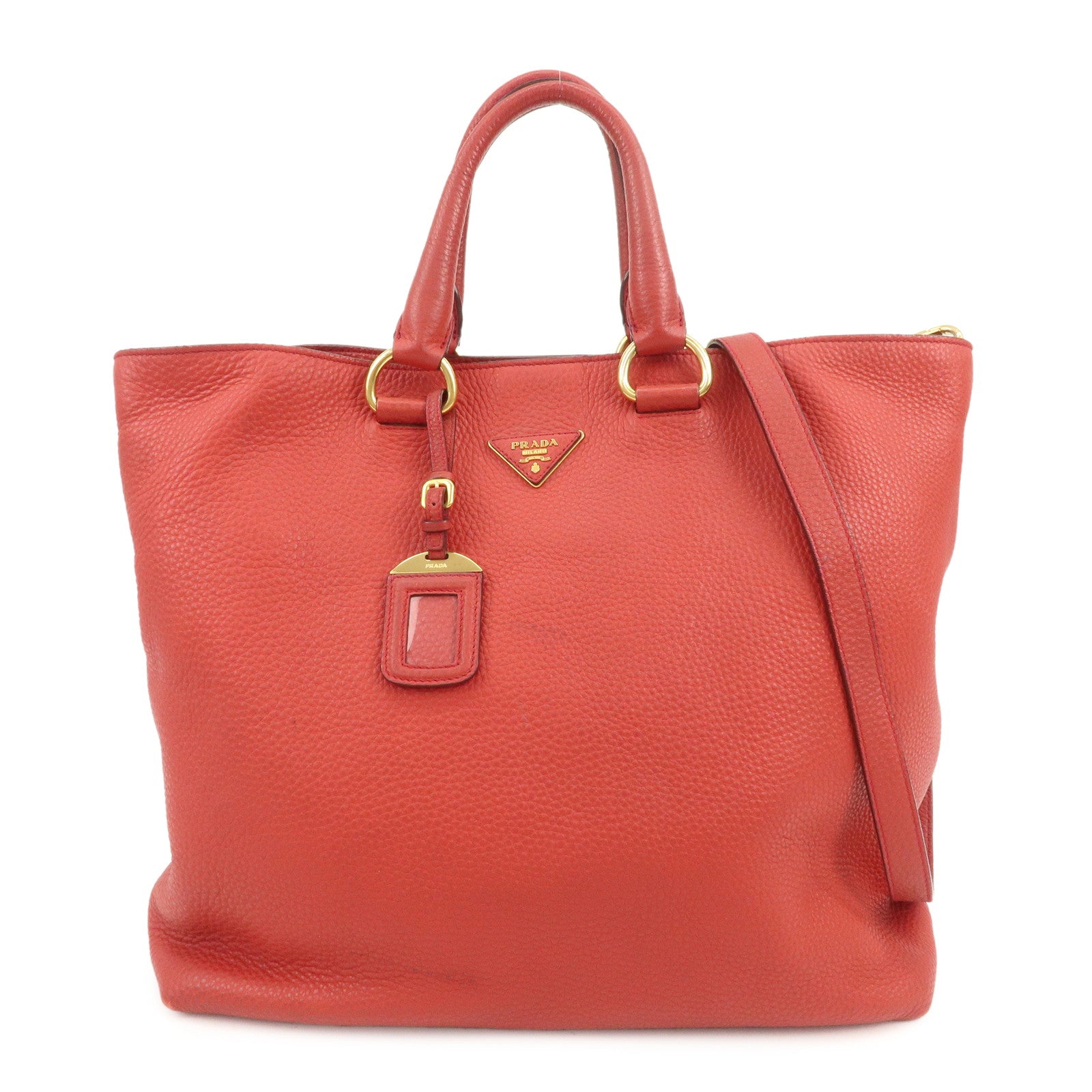 PRADA Triangle Logo Leather 2Way Tote Bag Shoulder Bag Red BN1713