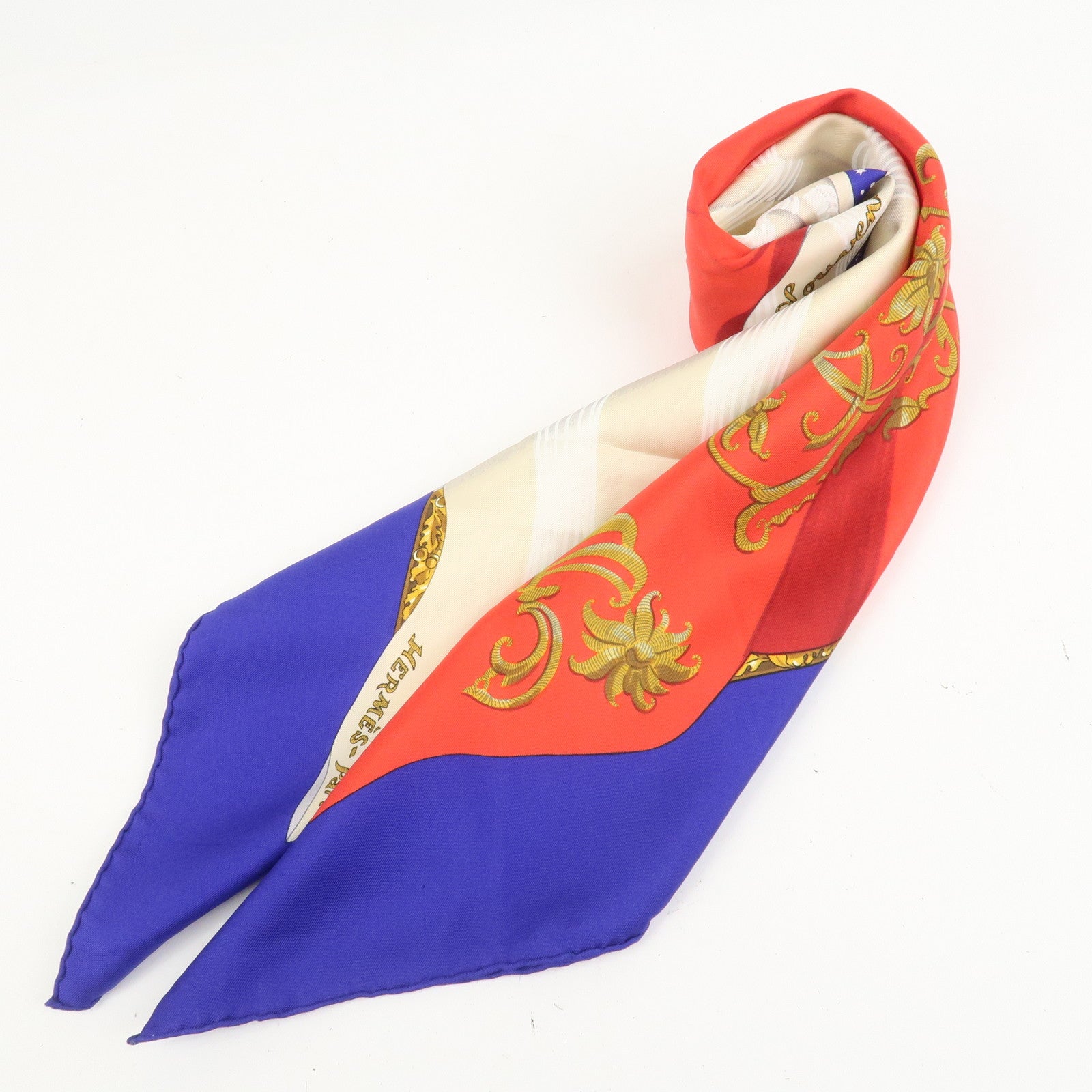HERMES Carre 90 Silk 100% Scarf Souvenirs de Paris Blue Red Ivory
