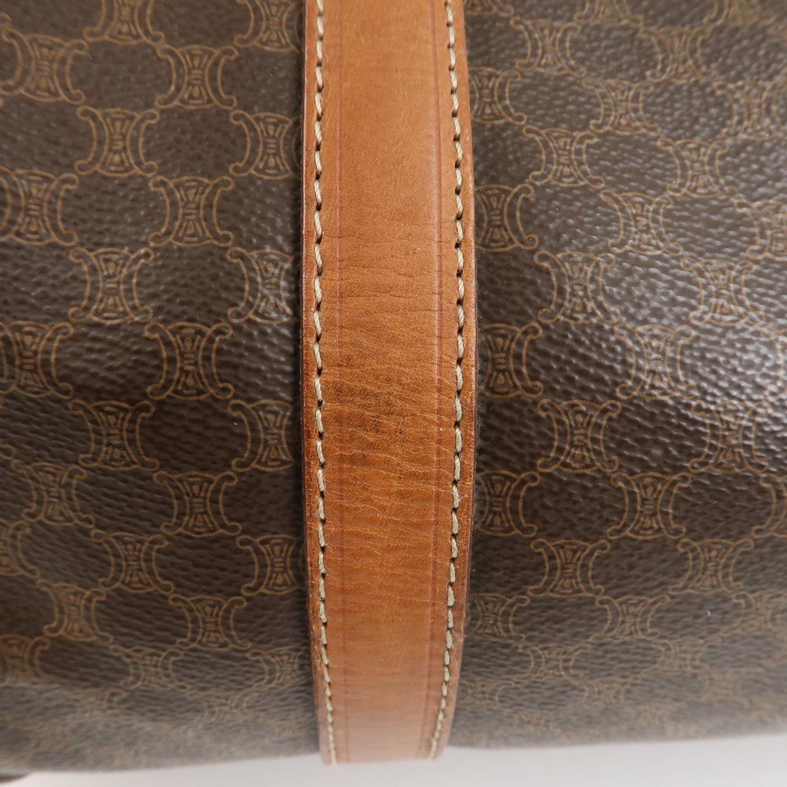 CELINE Macadam PVC Canvas Leather Boston Bag Hand Bag Brown