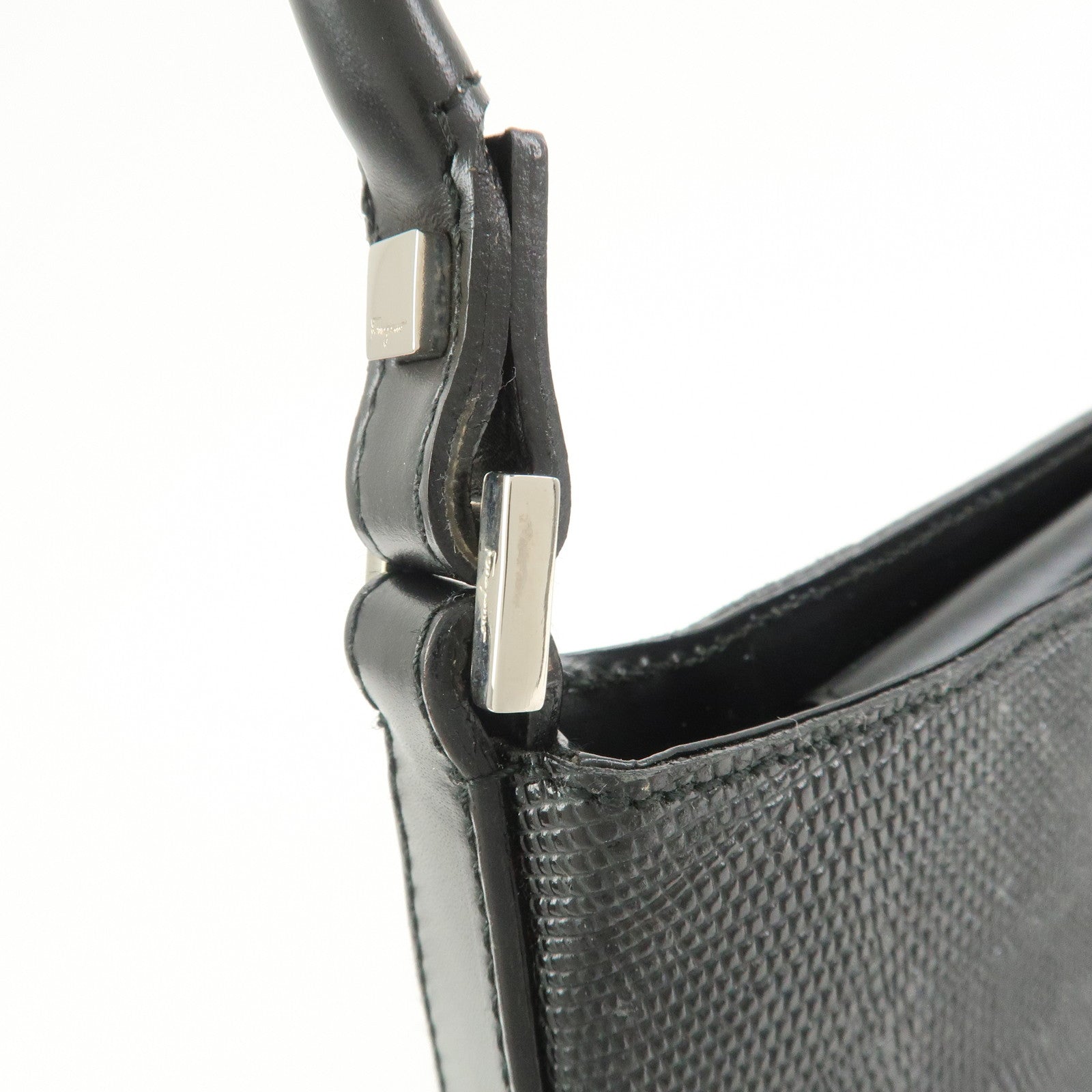 Ferragamo Embossed Leather Shoulder Bag Hand Bag Black