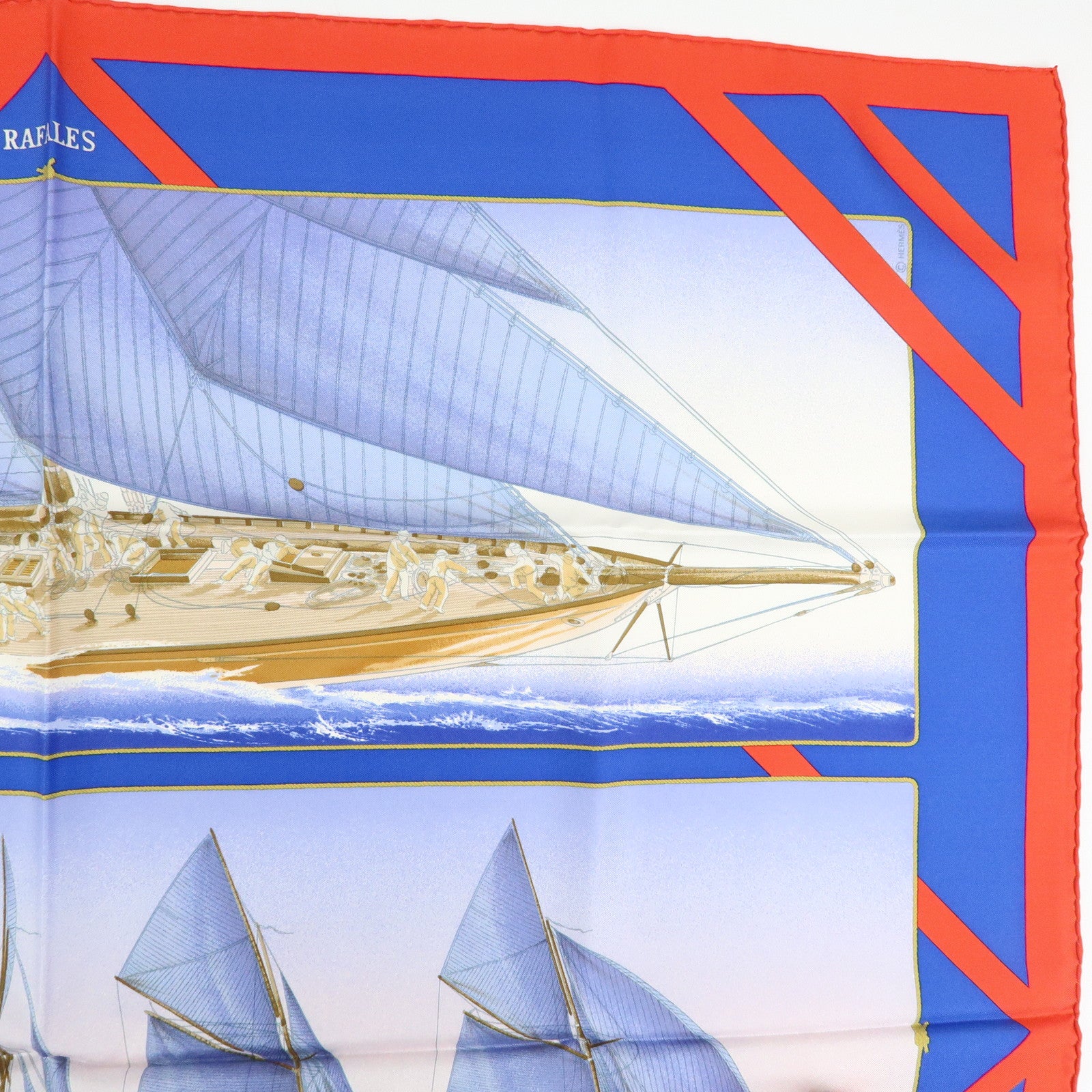 HERMES Carre 90 Silk 100% Scarf RAFALES Ship Print Blue Red