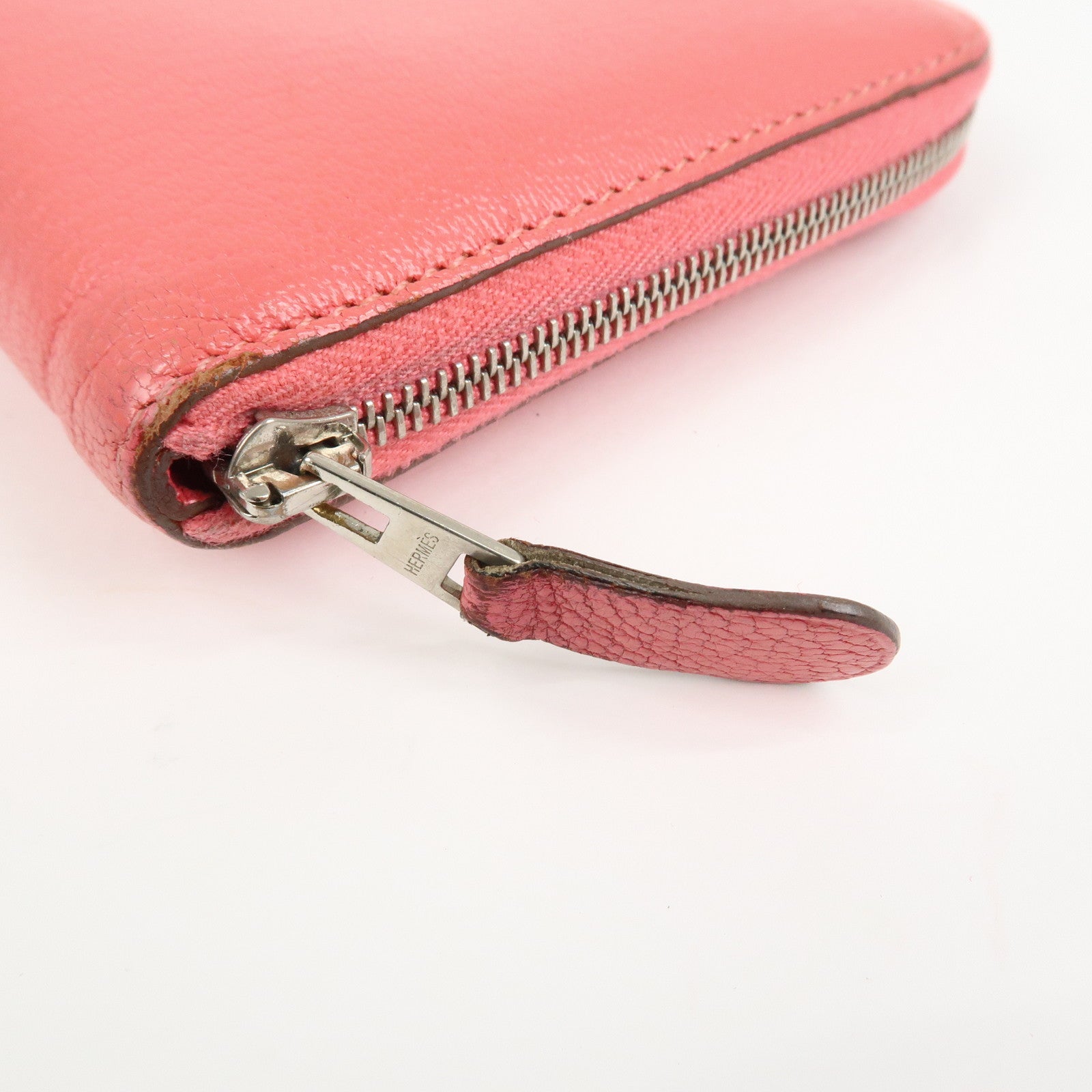 HERMES Evelyne Azap Leather 笆｡P Stamped Round Zippy Long Wallet Pink