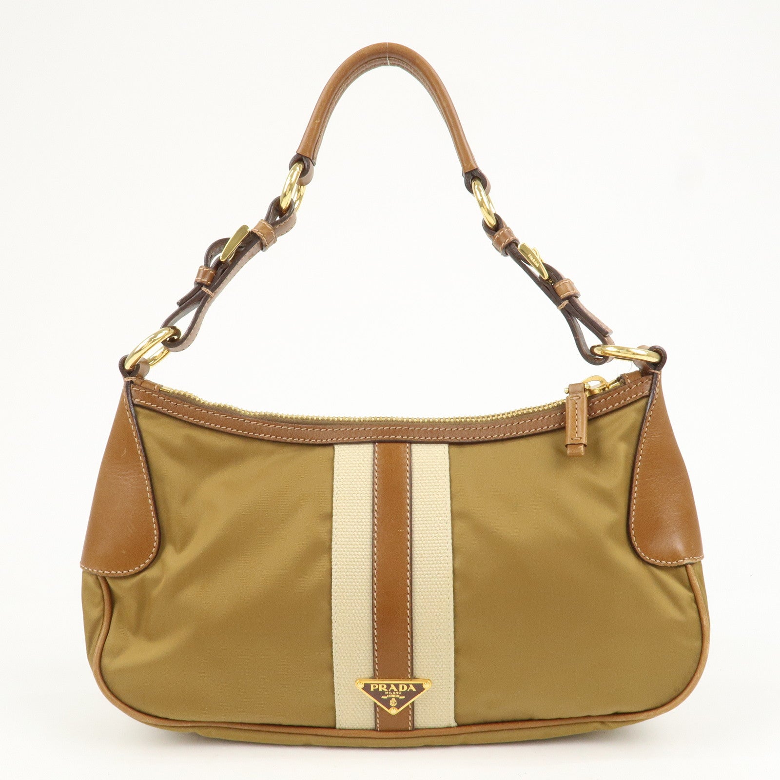 PRADA Triangle Logo Nylon Leather Shoulder Bag Brown BR3043