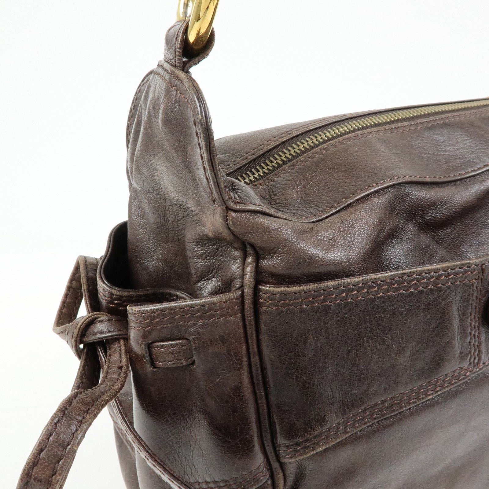 CELINE Side Ribbon Leather Shoulder Bag Hand Bag Brown