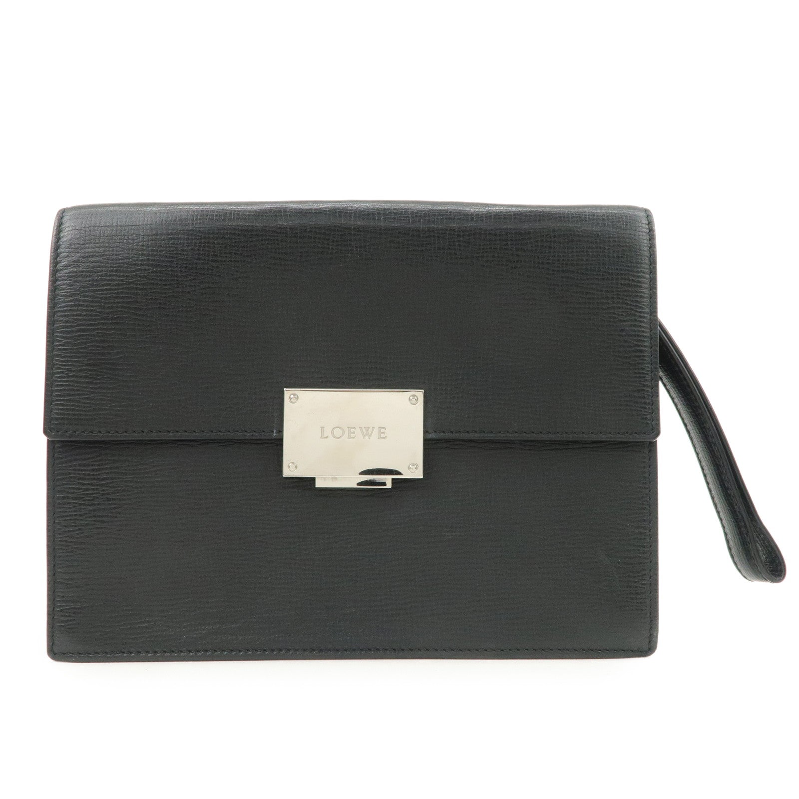 LOEWE Logo Leather Clutch Bag Black Silver Hardware