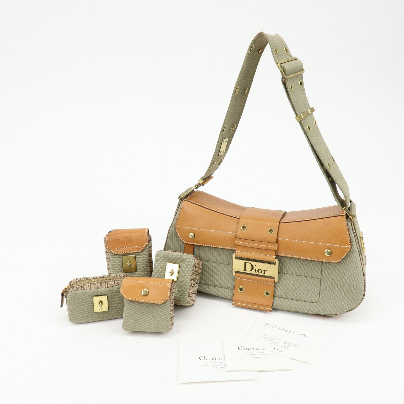 Christian Dior Street Chic Canvas Leather Shoulder Bag Khaki Camel