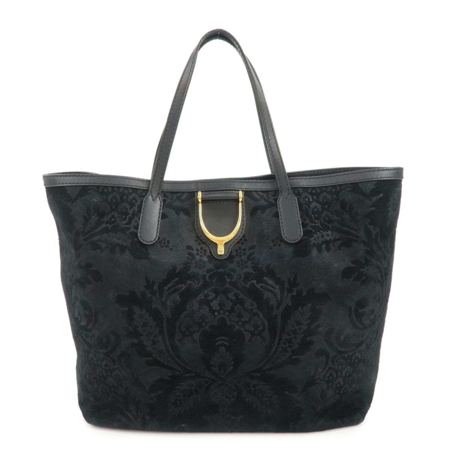 GUCCI Horsebit Logo Suede Leather Tote Bag Hand Bag Black 305585