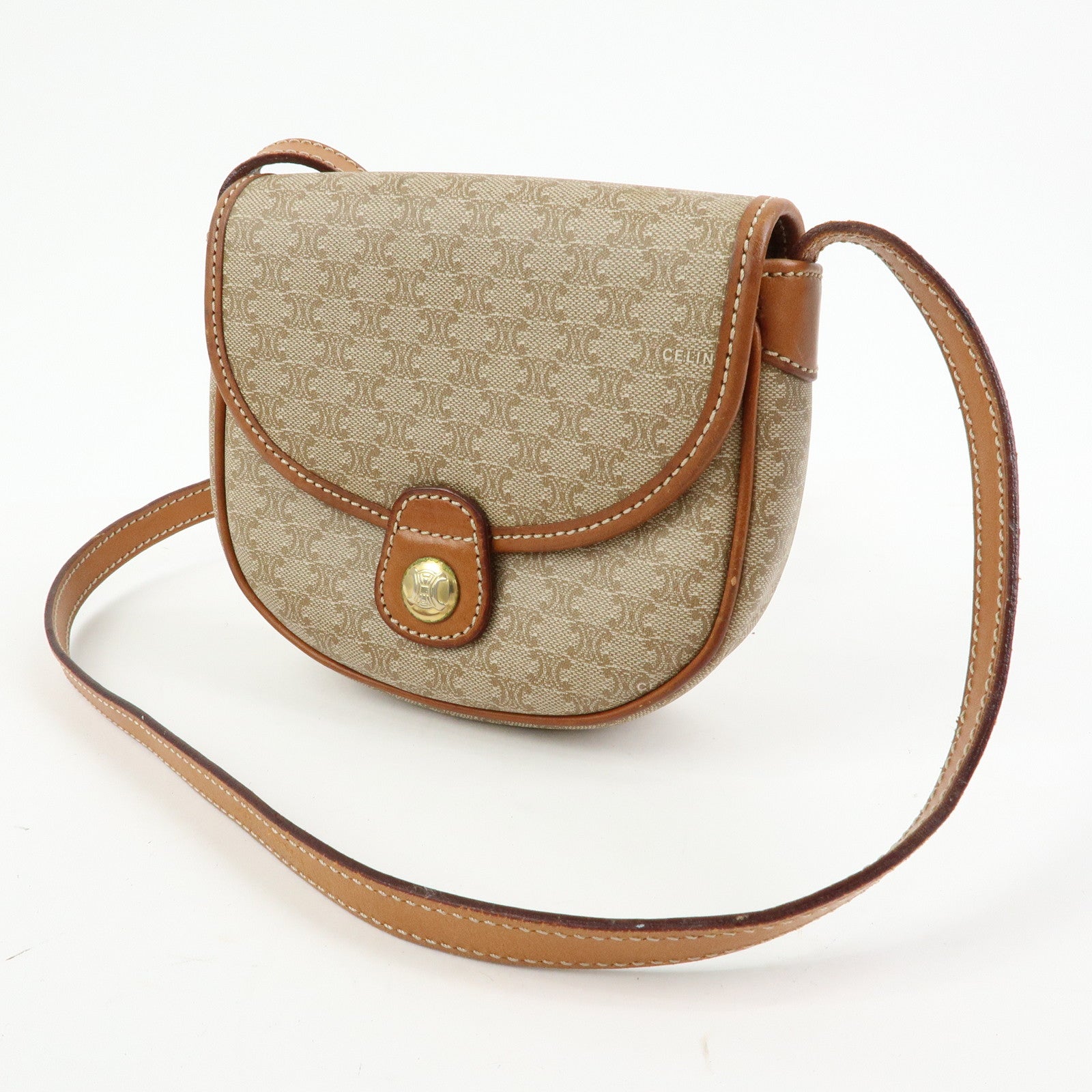 CELINE Macadam PVC Leather Shoulder Bag Crossbody Bag Beige Brown