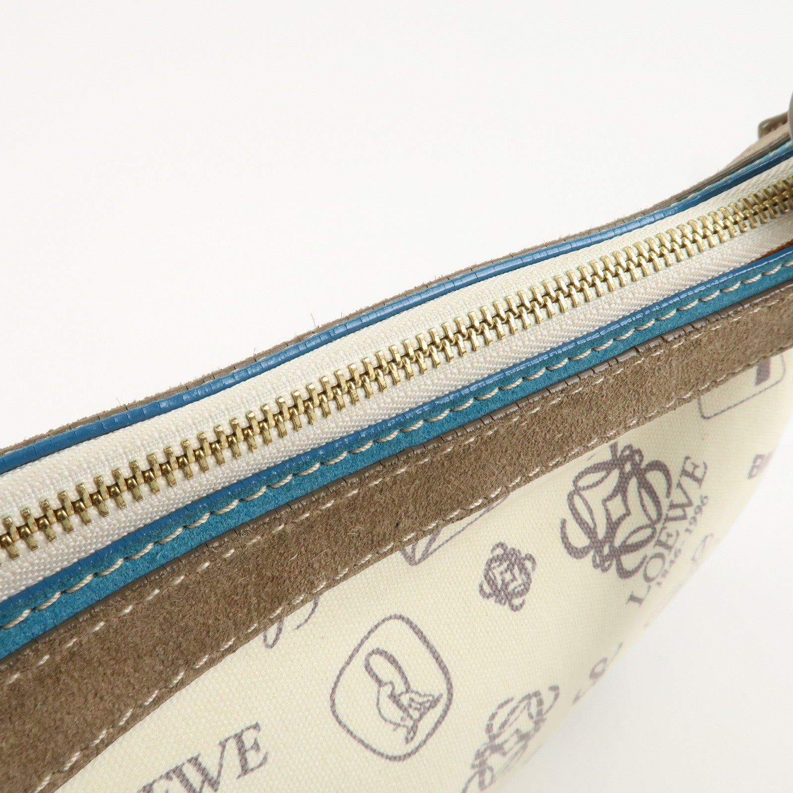 LOEWE Anagram Canvas Suede Leather Shoulder Bag Beige Blue Used