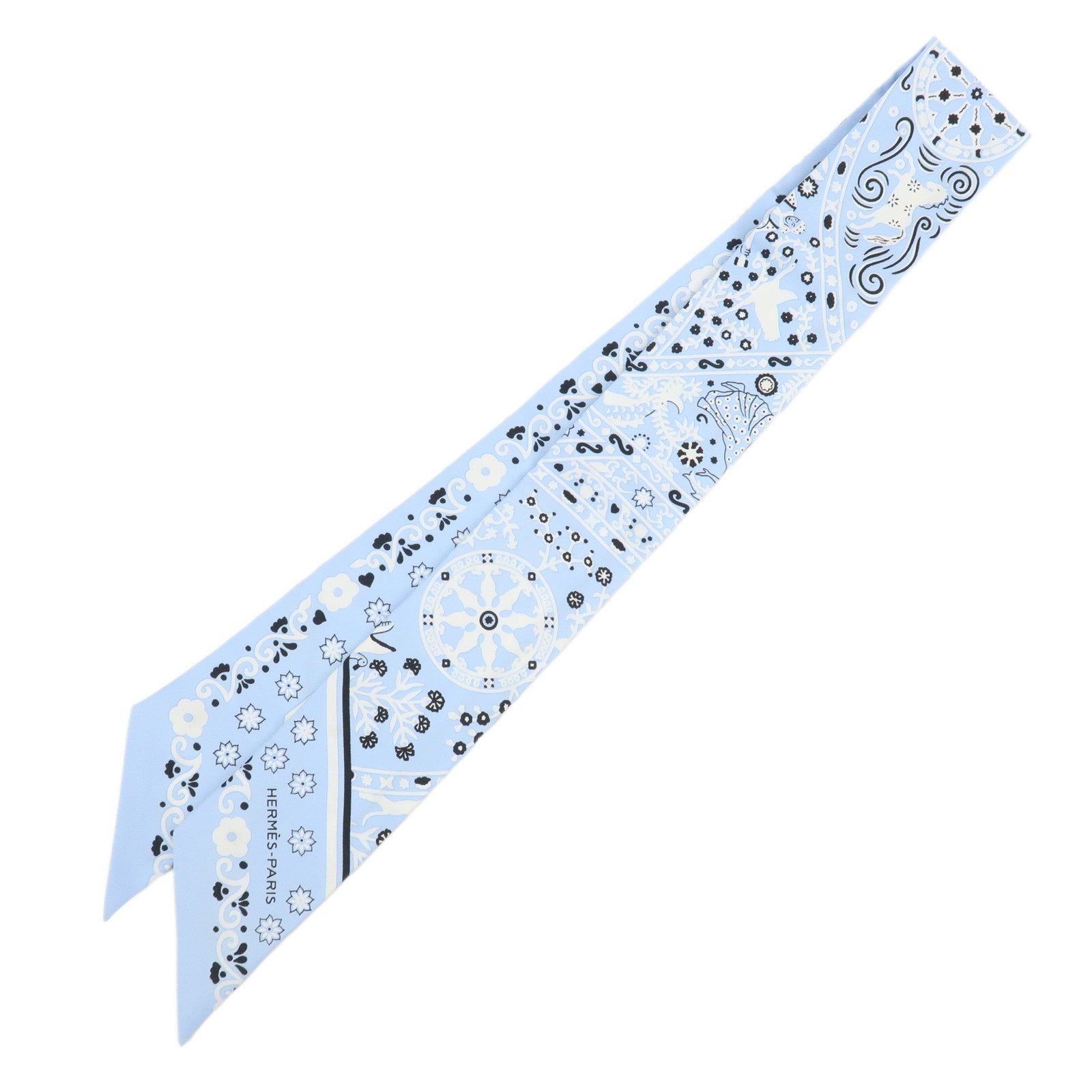 HERMES Twilly Silk 100% Scarf PEUPLE DU VENT Light Blue Black White