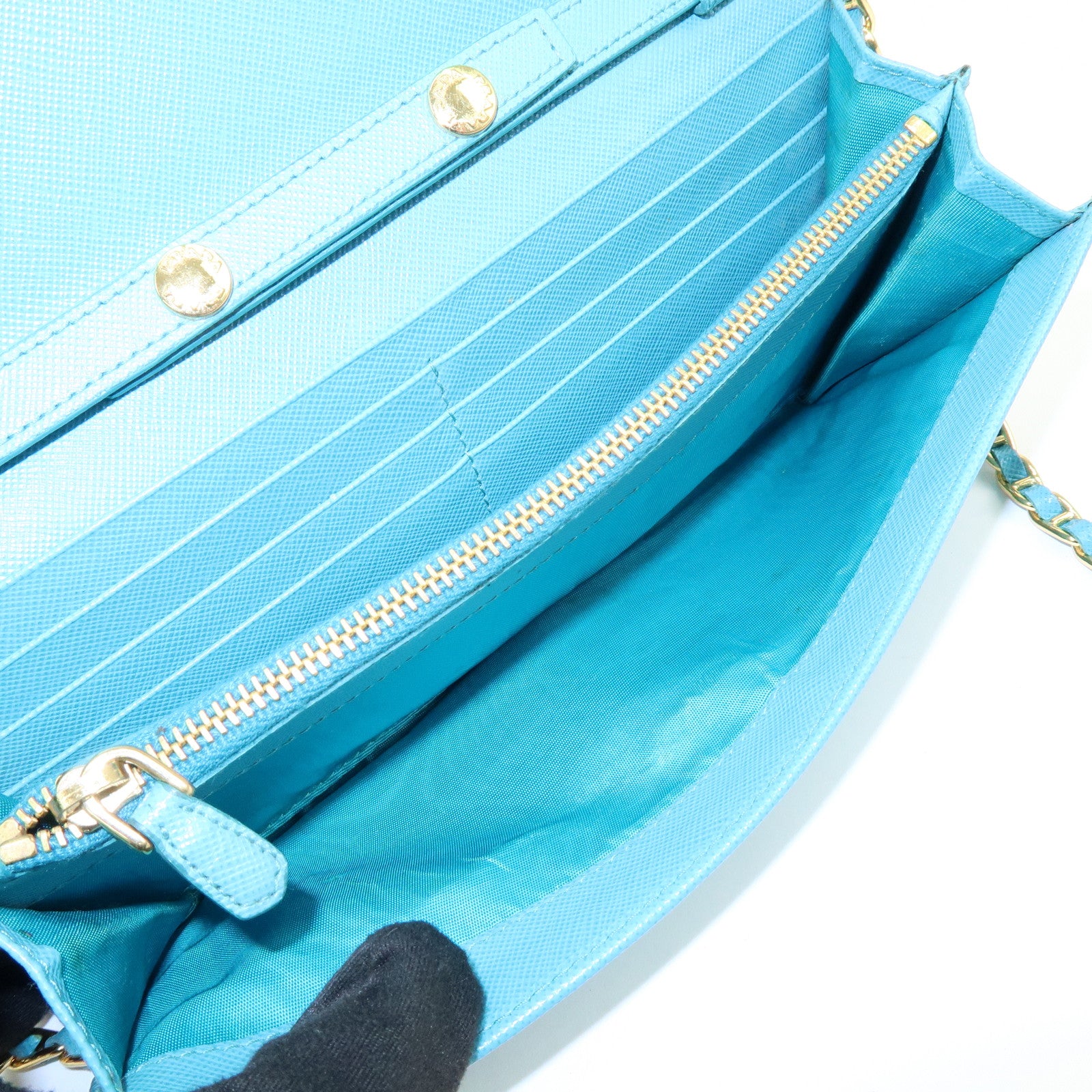 PRADA Saffiano Leather Chain Wallet Shoulder Bag Blue 1M1290
