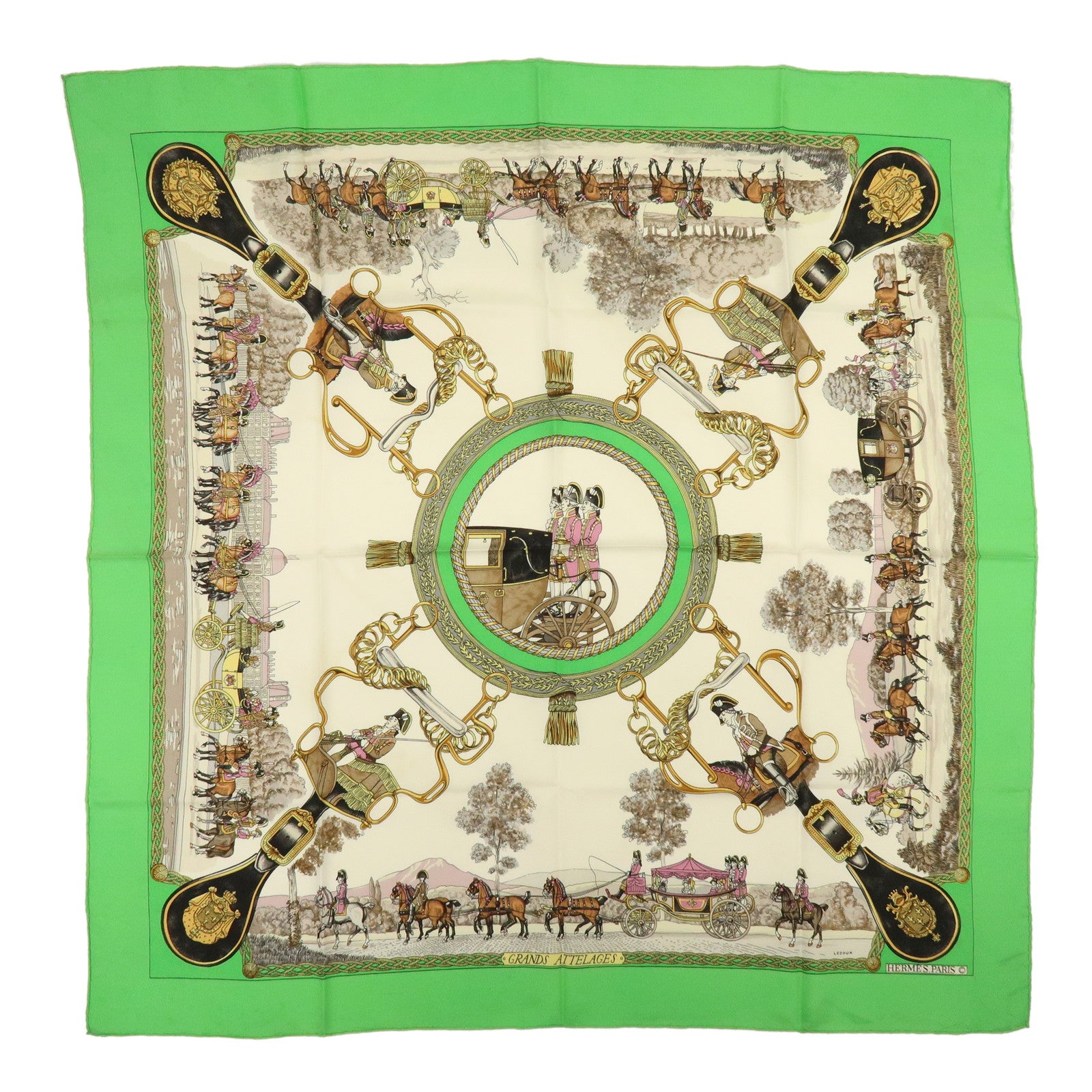 HERMES Carre 90 Silk 100% Scarf GRANDS ATTELAGES Green Pink Gold