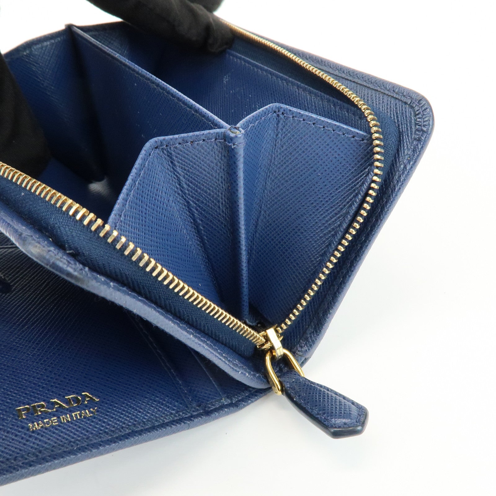 PRADA Saffiano Leather Compact Wallet Navy Gold 1ML225