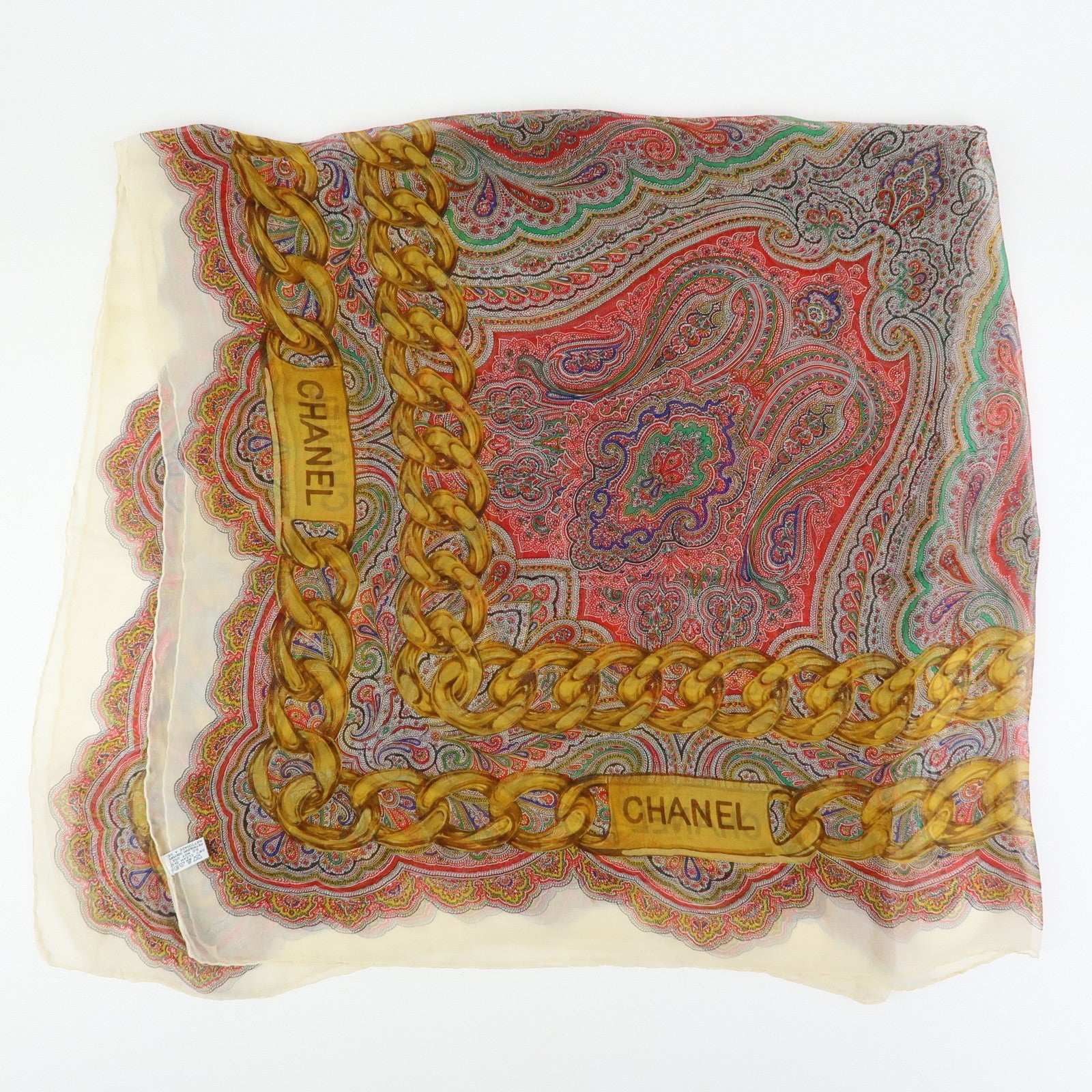 CHANEL Silk 100% Paisley Chain Pattern Scarf Gold Red