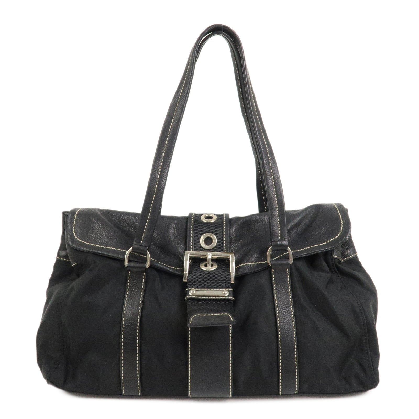 PRADA Triangle Logo Nylon Leather Shoulder Bag Black BR2418