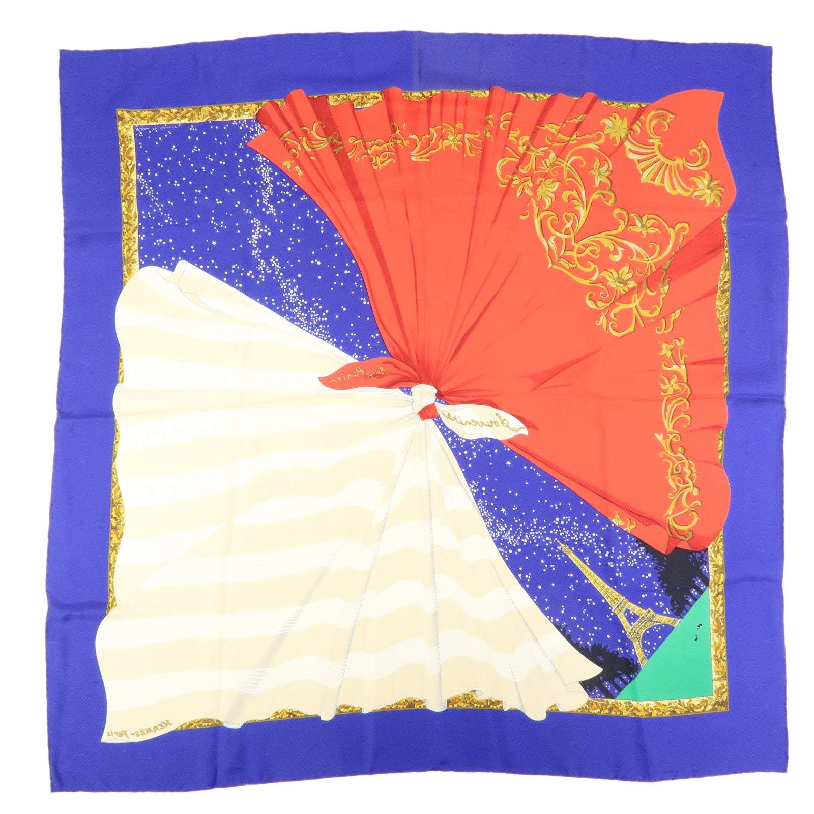 HERMES Carre 90 Silk 100% Scarf Souvenirs de Paris Blue Red Beige