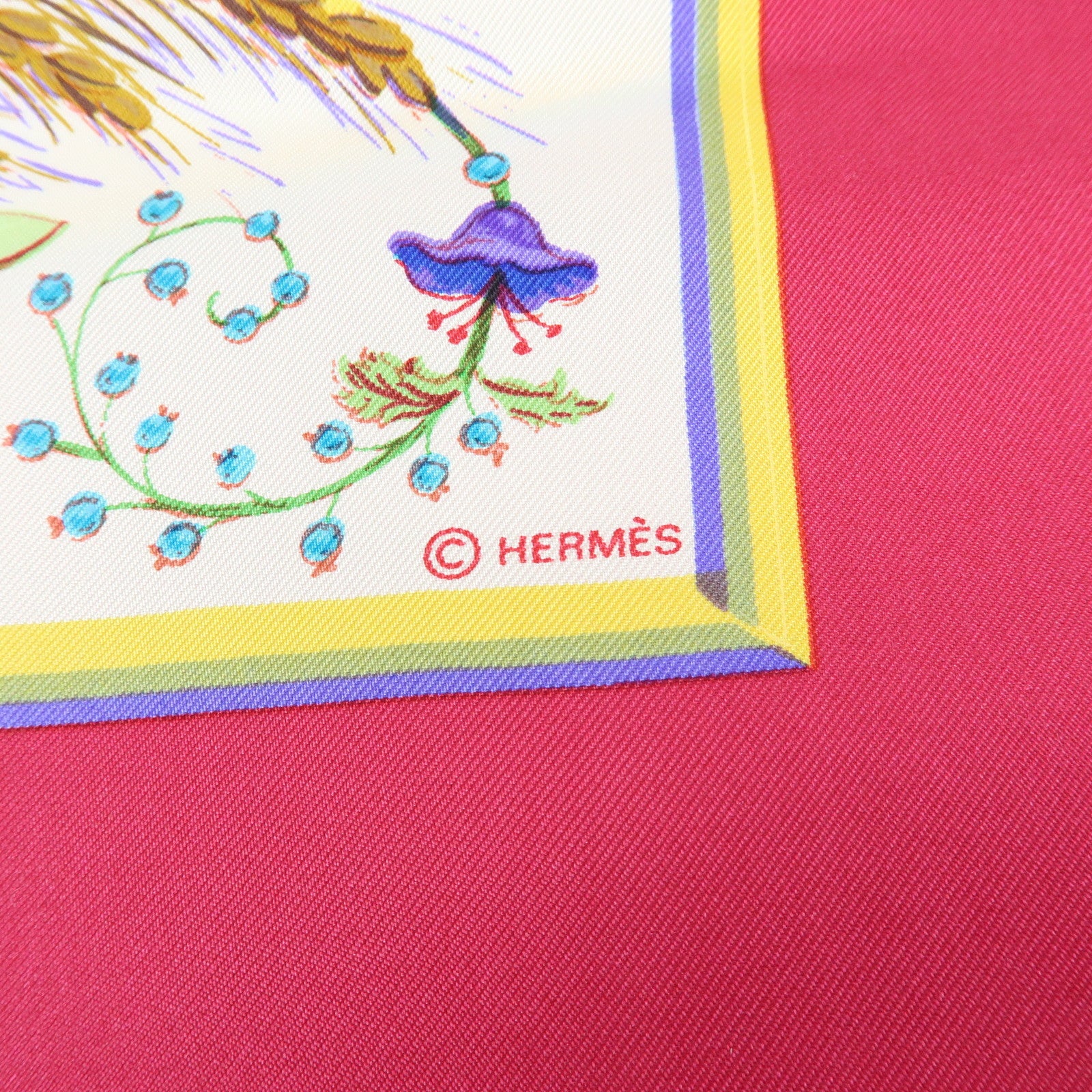 HERMES Carre 90 Silk 100% Scarf CERES White Pink Yellow Green